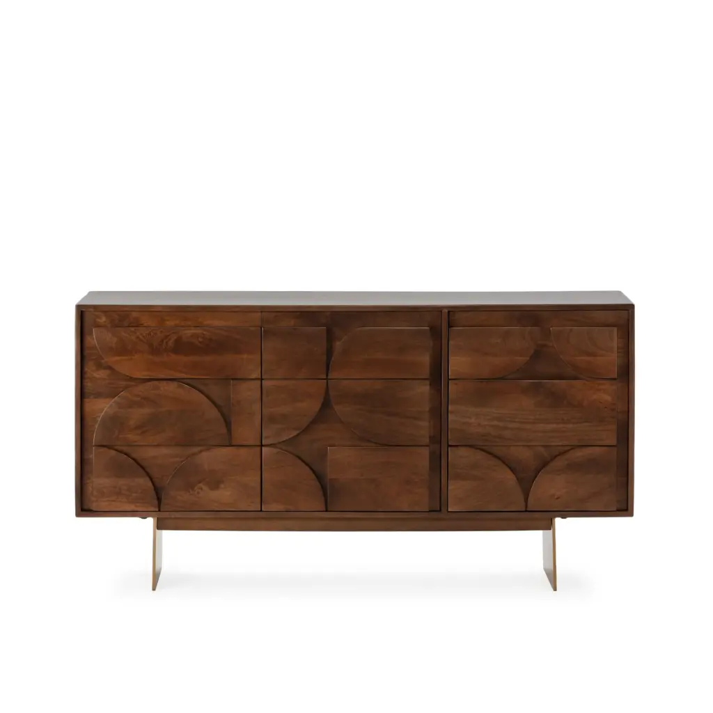 APARADOR TRISHA 3P 145CM MARRON OSCURO 5_risultato Aparador Trisha Marrón de madera de mango con tres puertas y relieves geométricos
