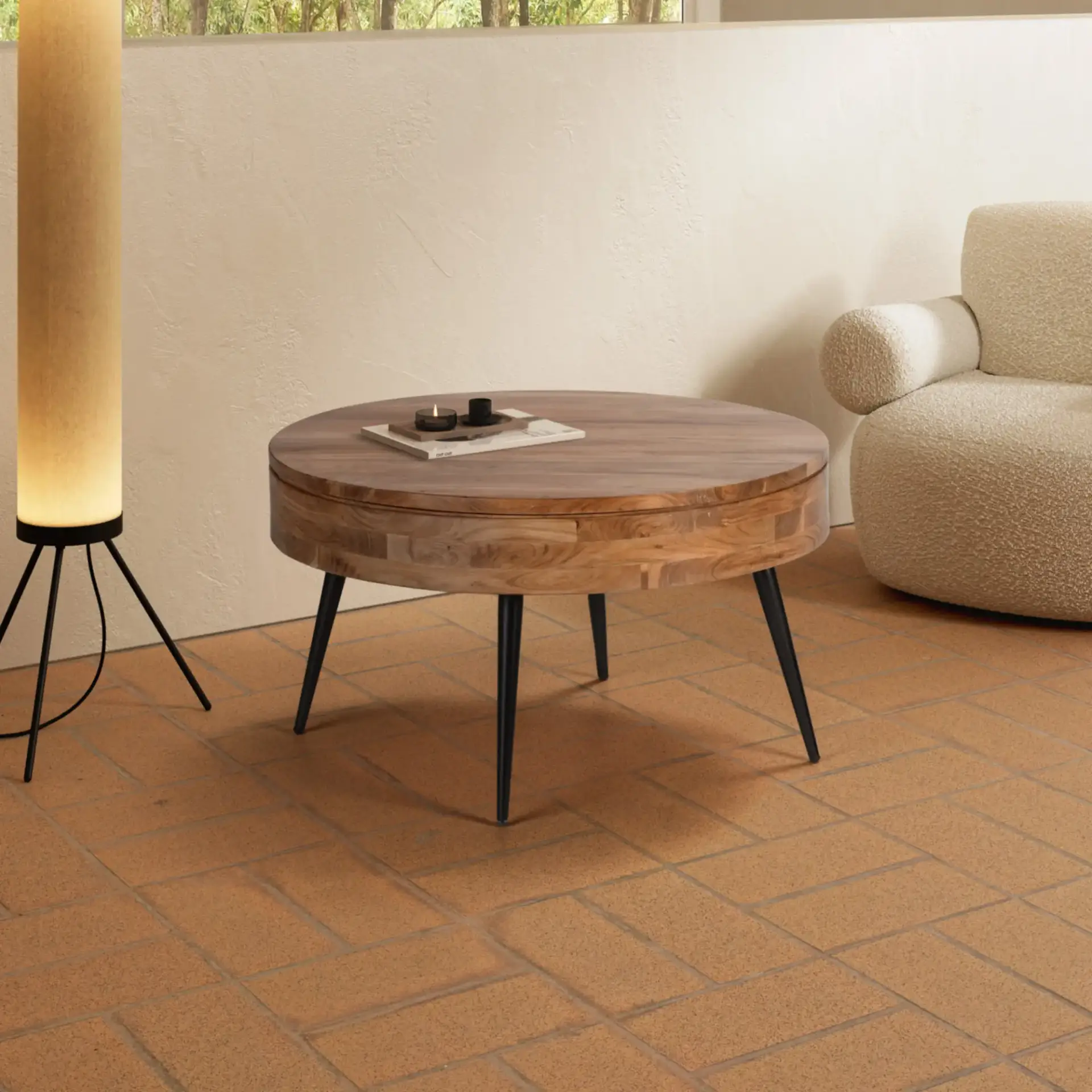 MESA CENTRO REDONDA KALI ACACIA PATA METAL