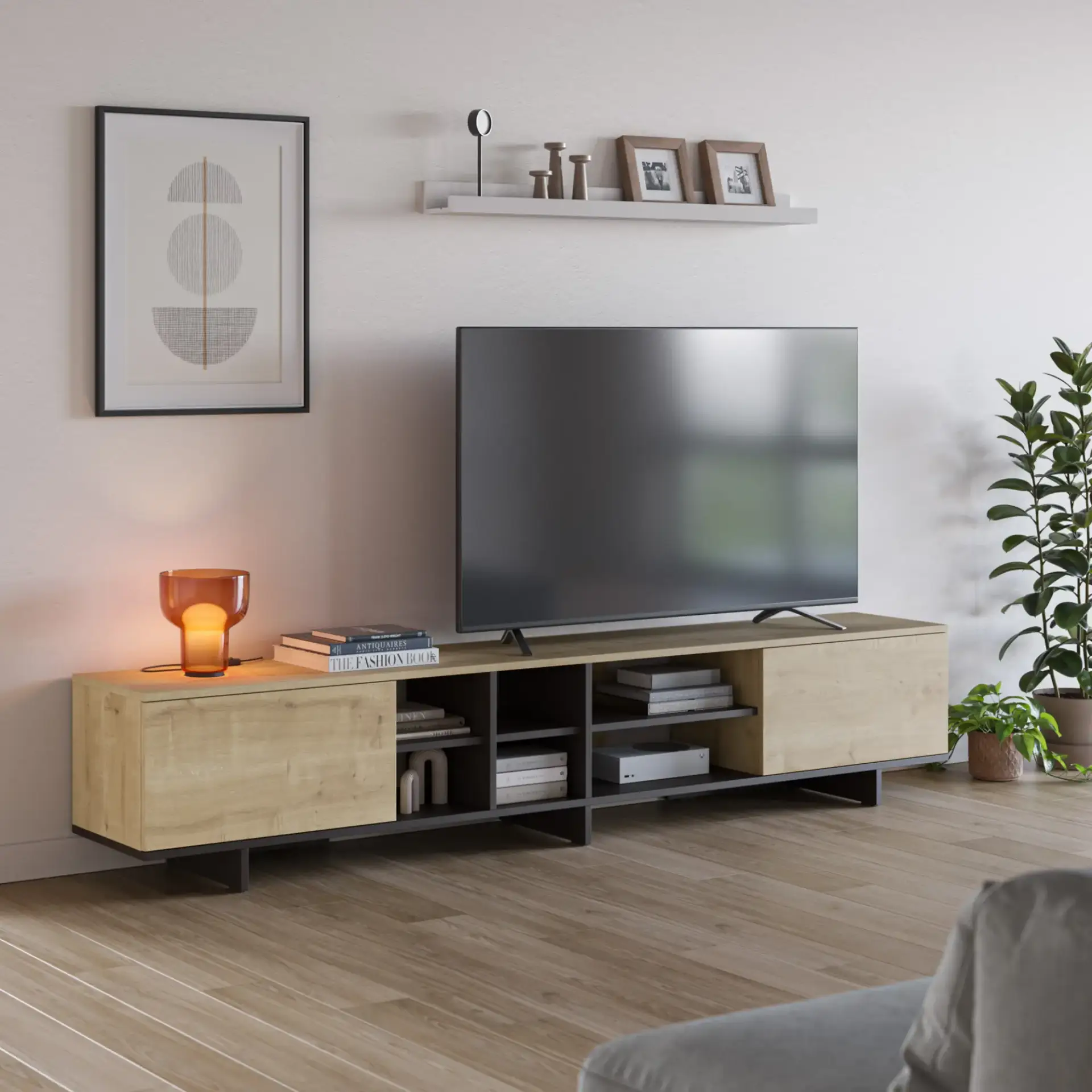 MUEBLE TV CEQUOIA 230CM ROBLE/NEGRO SILKY