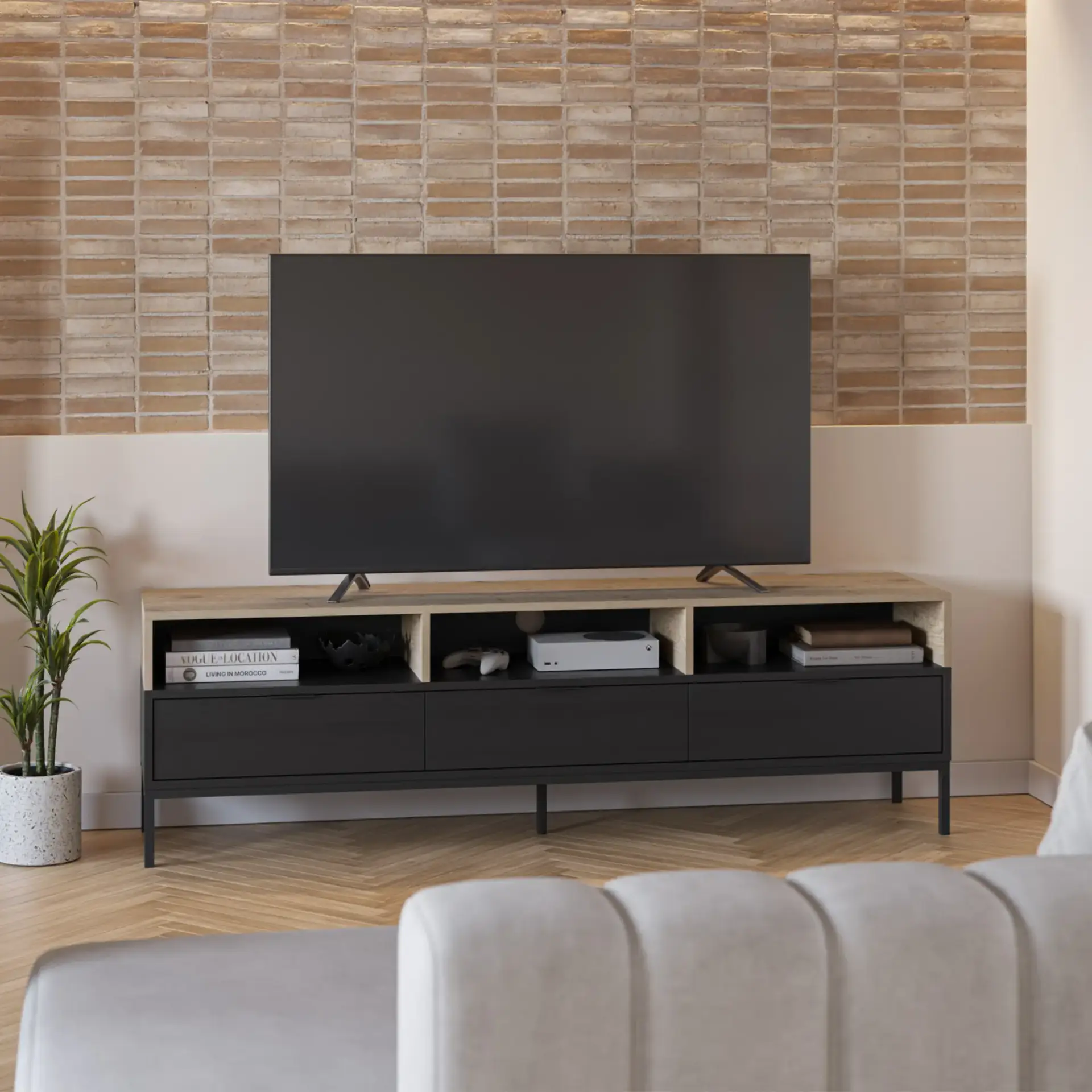 MUEBLE TV MARION 180CM ROBLE-K/NEGRO PATA METAL