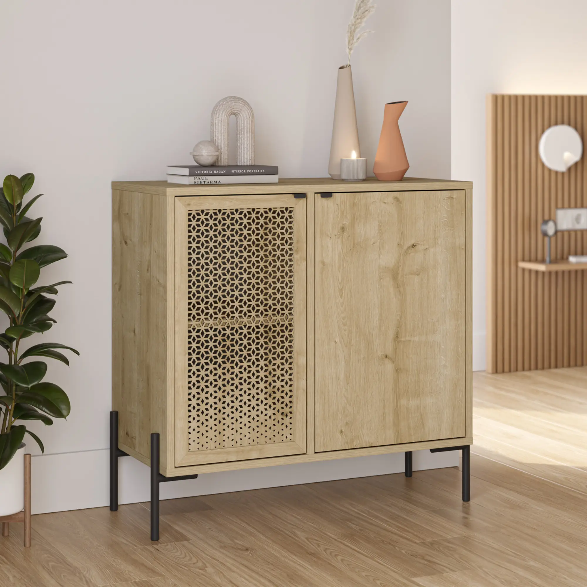 MUEBLE AUX./COMODA INCA 2P ROBLE PATA METAL