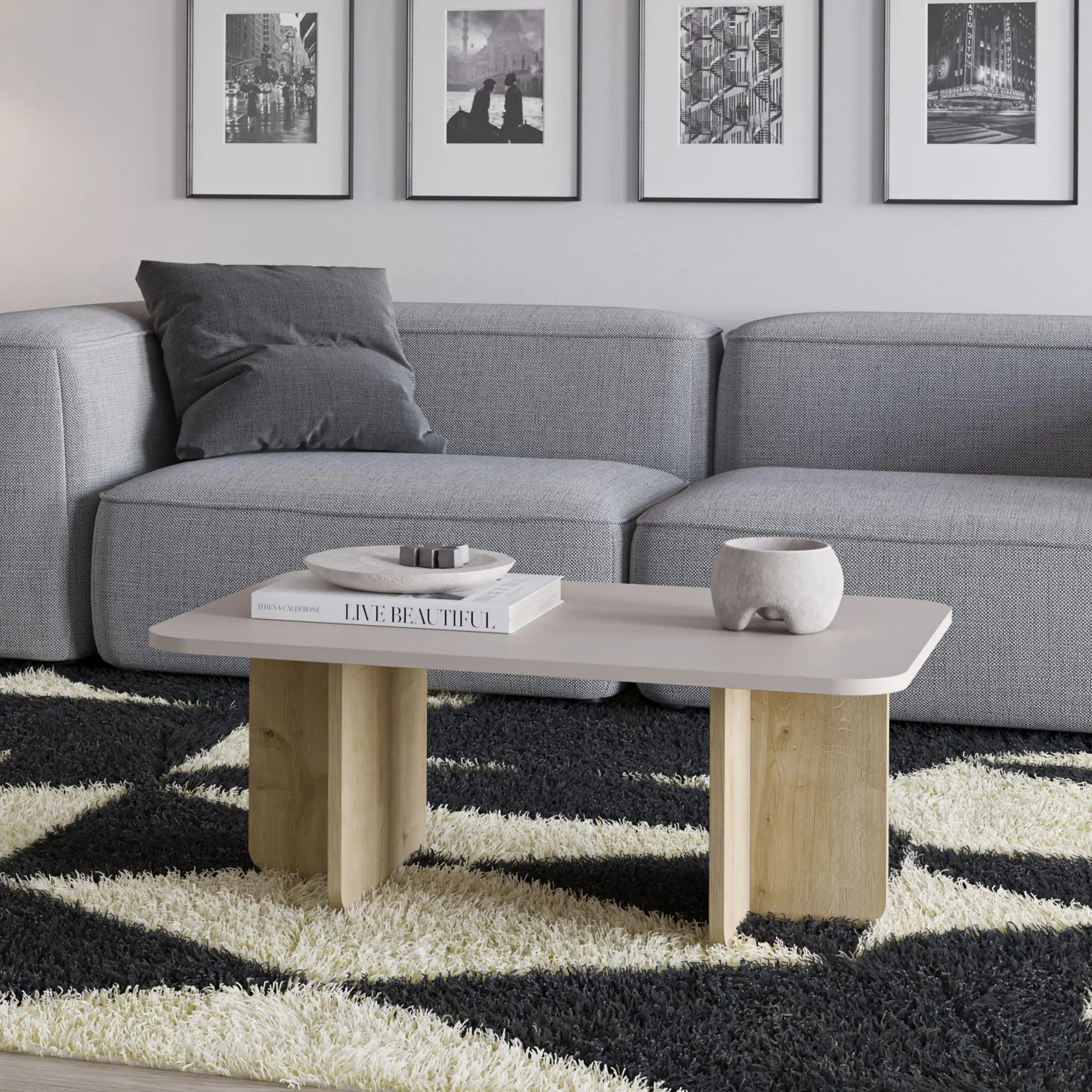 MESA CENTRO HILLARY 100CM CREMA PATA ROBLE