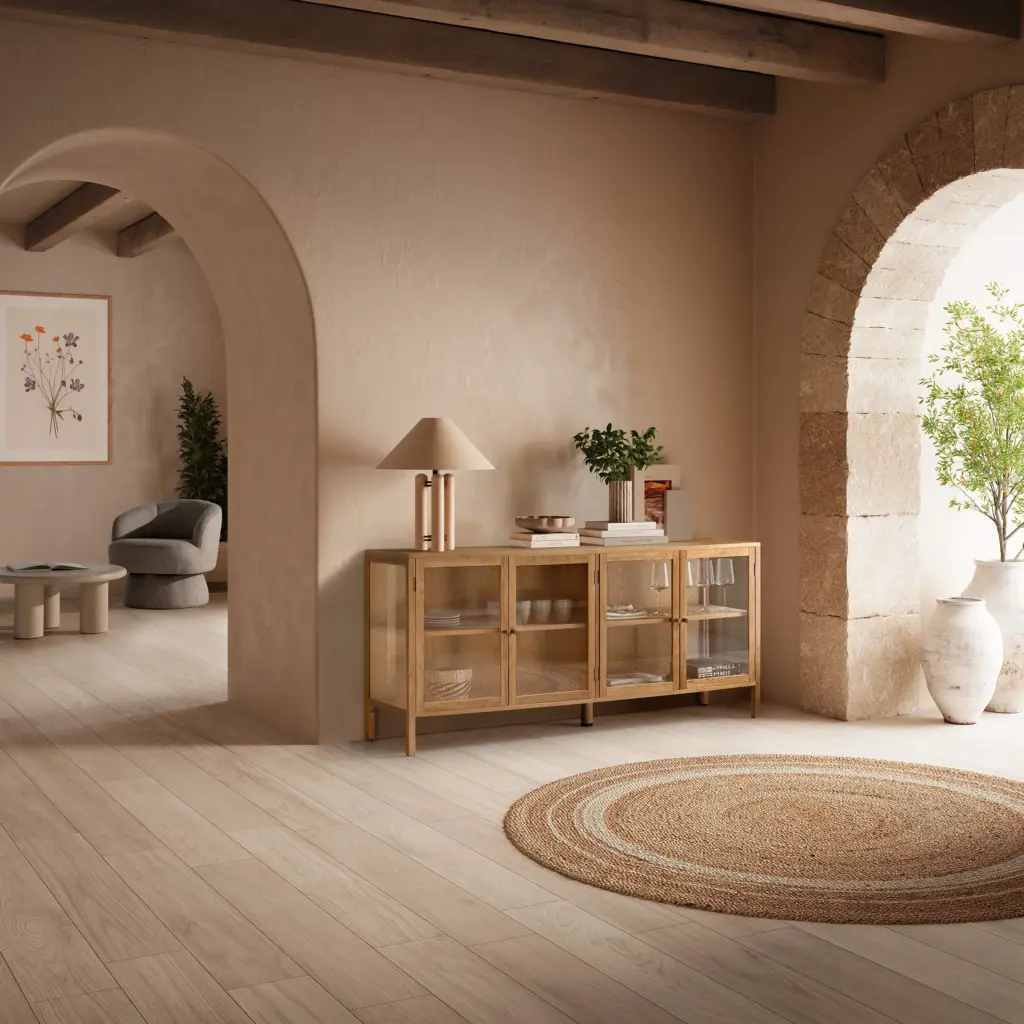 APARADOR CECI 4P 180CM ROBLE PUERTA CRISTAL_risultato Aparador Ceci de roble con cuatro puertas de cristal para salón o comedor
