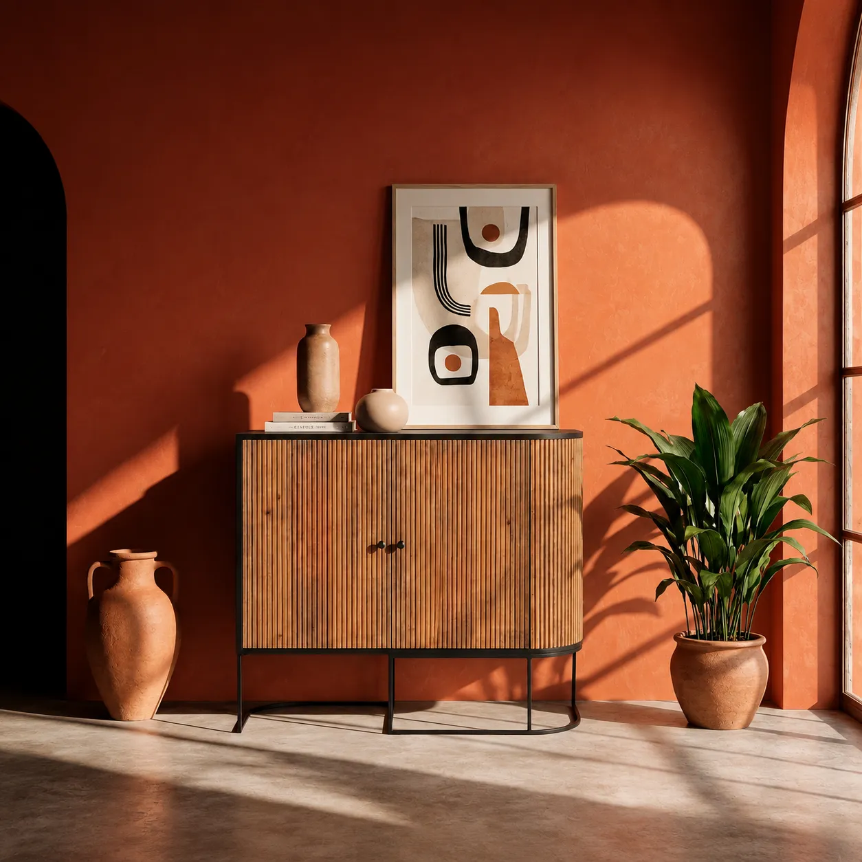 Aparador Curve de madera de mango con dos puertas acanaladas y patas de metal negro