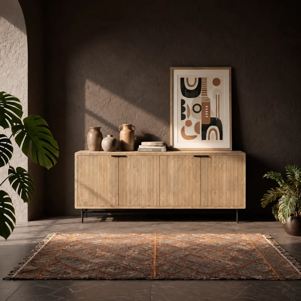 Aparador Mundra de madera de mango con cuatro puertas y patas de metal negro para salón