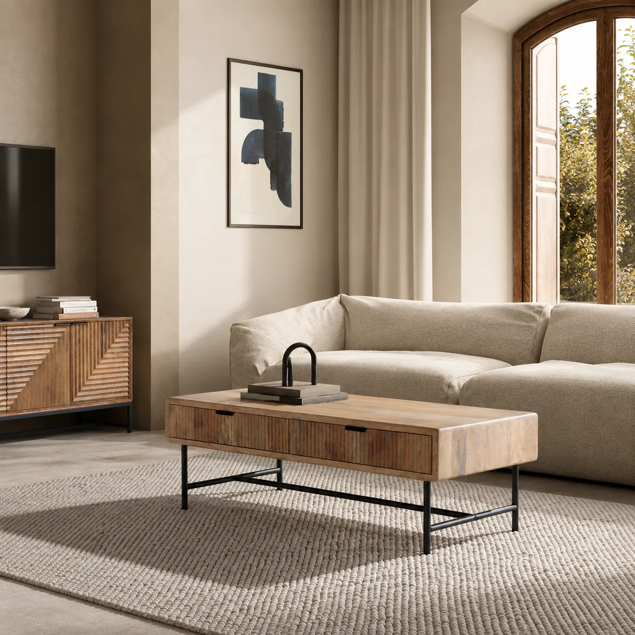 Mesa Centro Mundra Natural de madera de mango con dos cajones y patas de metal