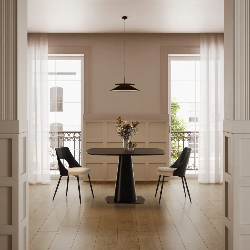 MESA CUADRADA ETEL 120CM NEGRO_risultato Mesa Etel cuadrada de comedor en color negro con base central de diseño escultórico