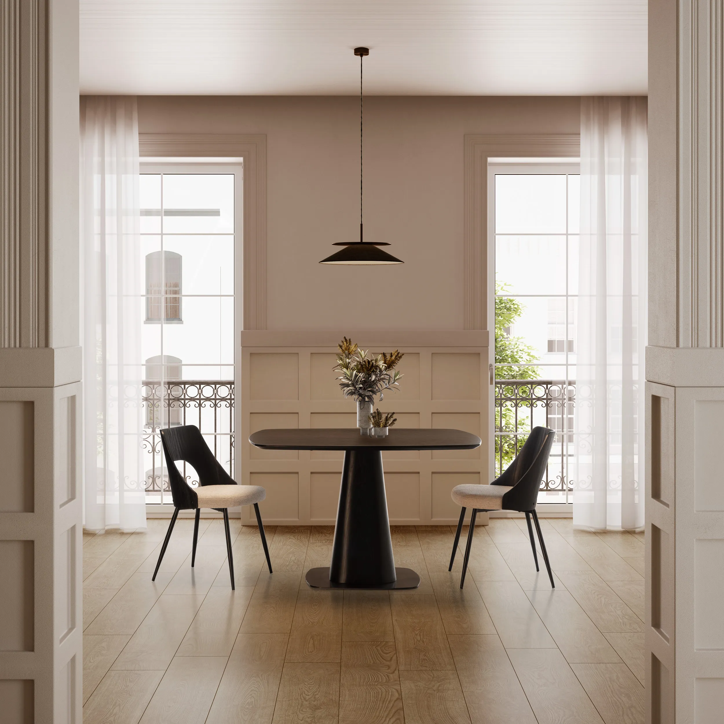 Mesa Etel cuadrada de comedor en color negro con base central de diseño escultórico