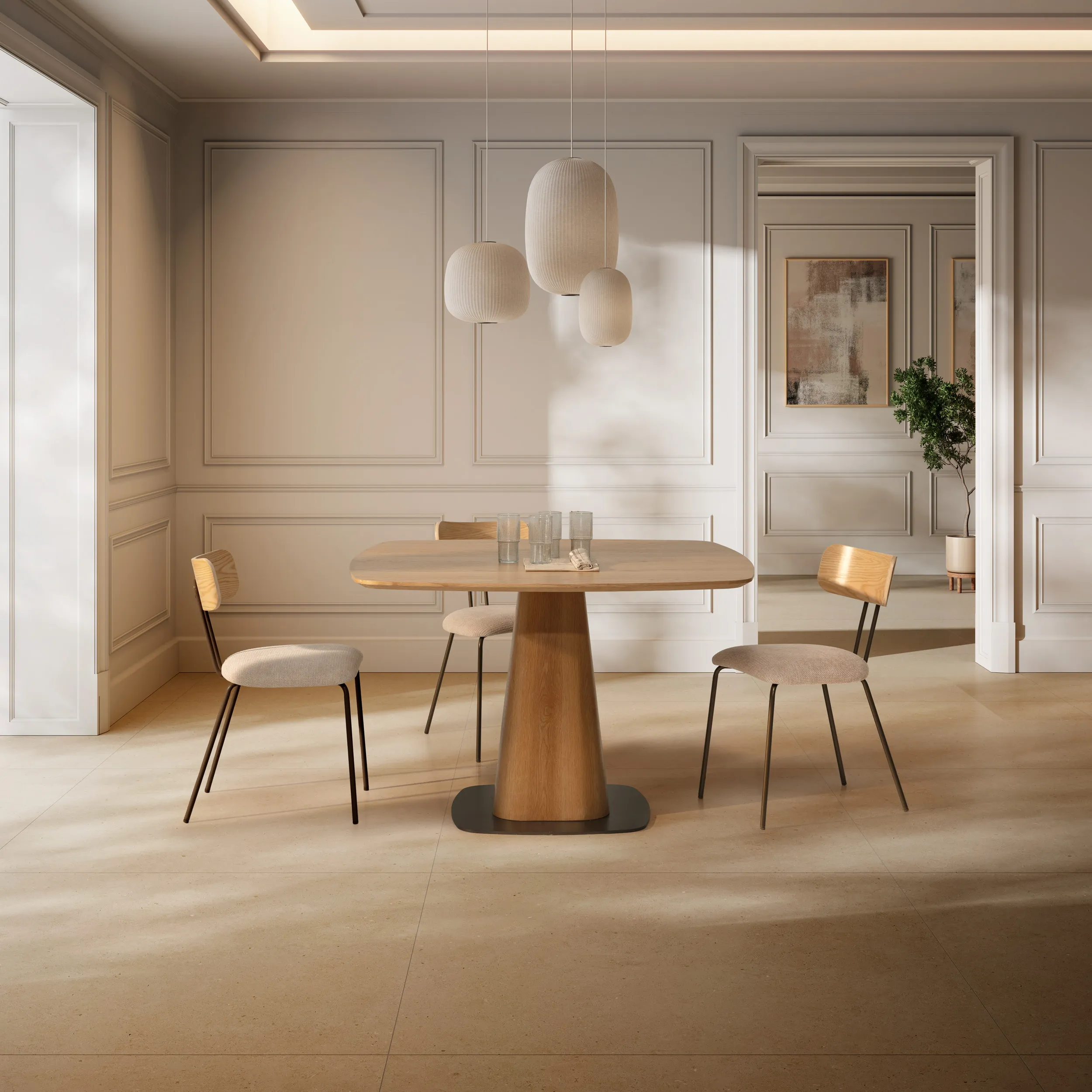 Mesa Etel cuadrada de comedor en roble con base central de diseño contemporáneo