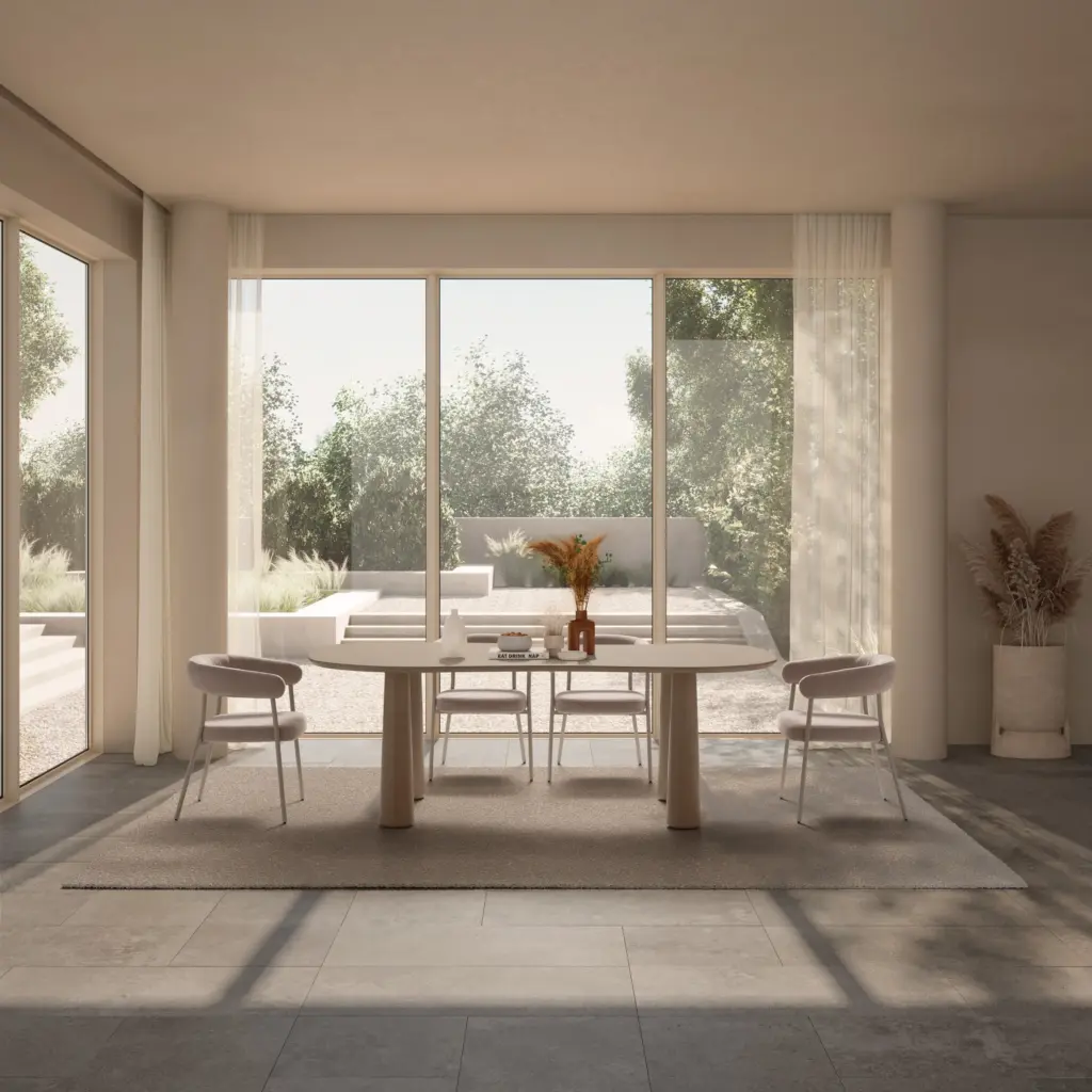 Mesa Nahia de comedor en color arena con sobre curvado y patas de diseño escultórico