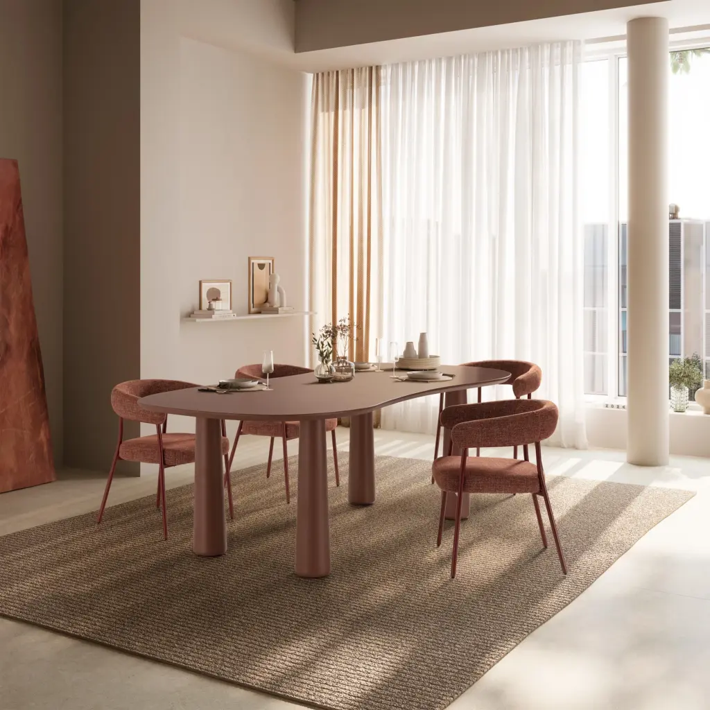 MESA NAHIA 220CM TERRACOTA_risultato Mesa Nahia de comedor en color terracota con diseño curvo y patas robustas de madera