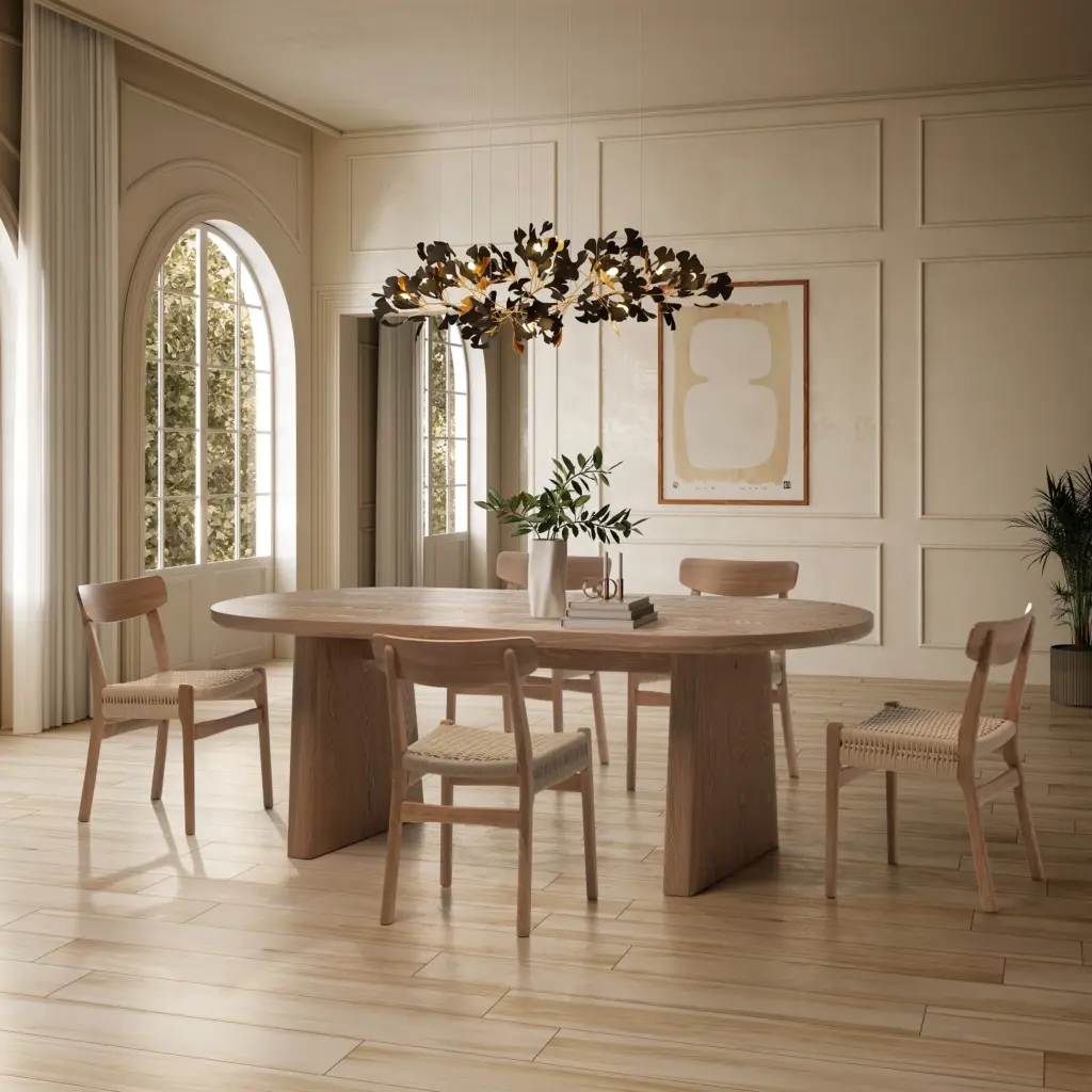 Mesa Blair ovalada de comedor en acabado natural con estructura de madera y diseño contemporáneo