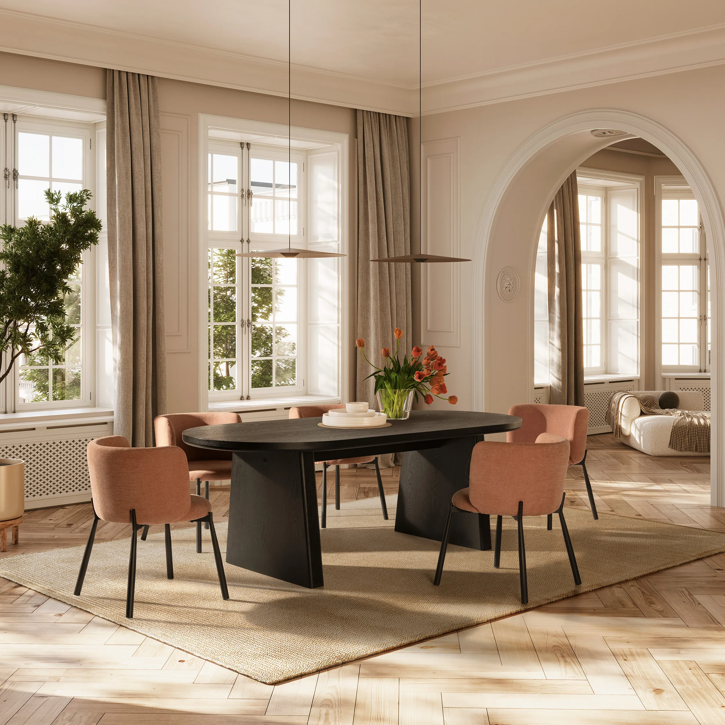 Mesa Blair ovalada de comedor en negro con patas inclinadas y diseño contemporáneo