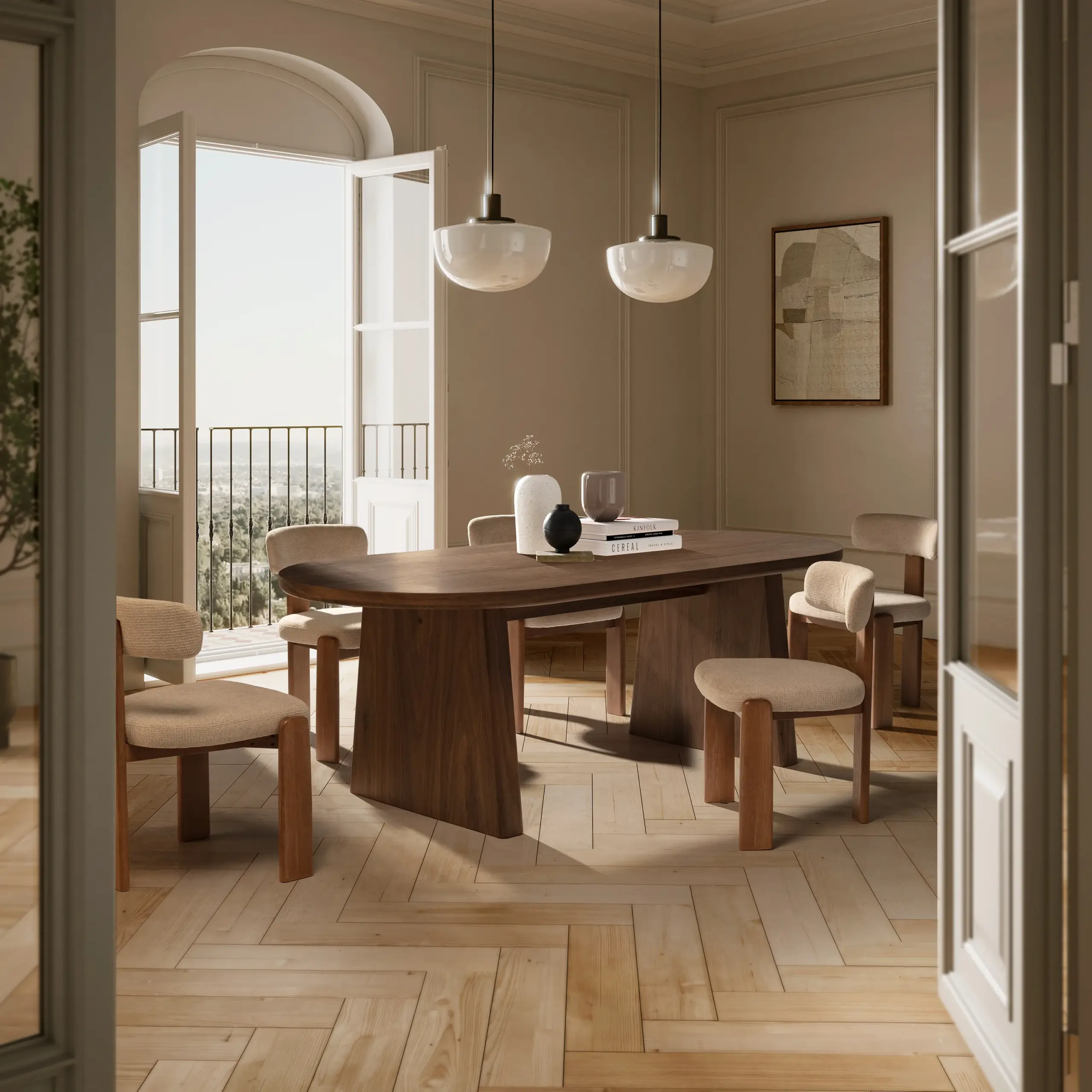 Mesa Blair ovalada de comedor en nogal con diseño contemporáneo y estructura de líneas limpias