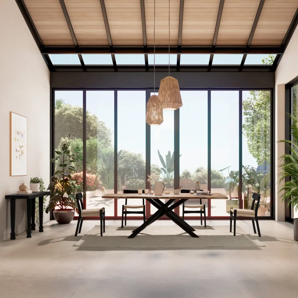 Mesa Anuri de comedor en madera de acacia con patas metálicas negras y diseño contemporáneo