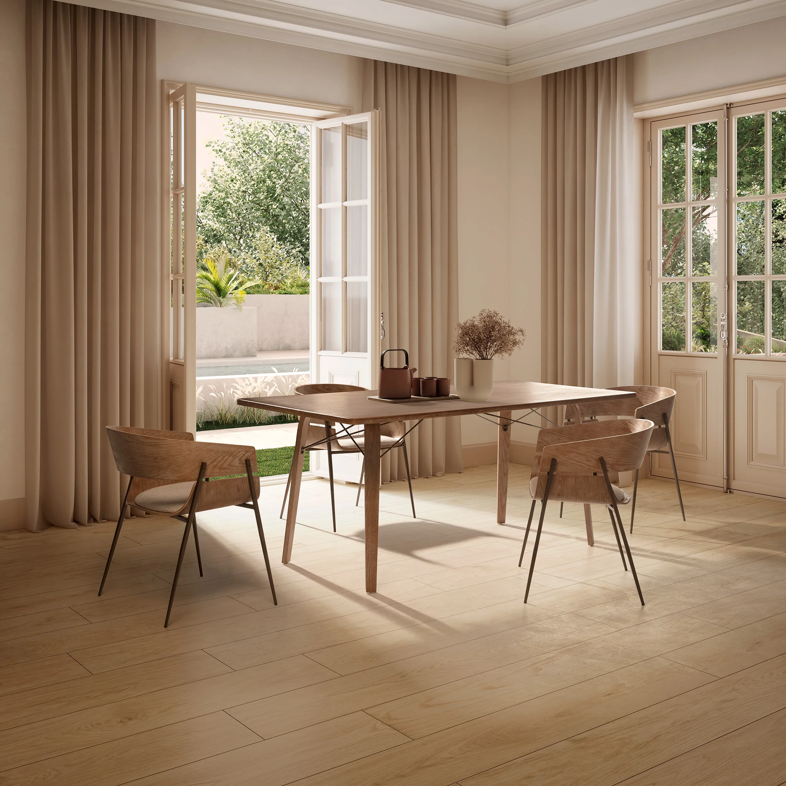Mesa Lujan rectangular en roble lavado con estructura metálica y diseño contemporáneo