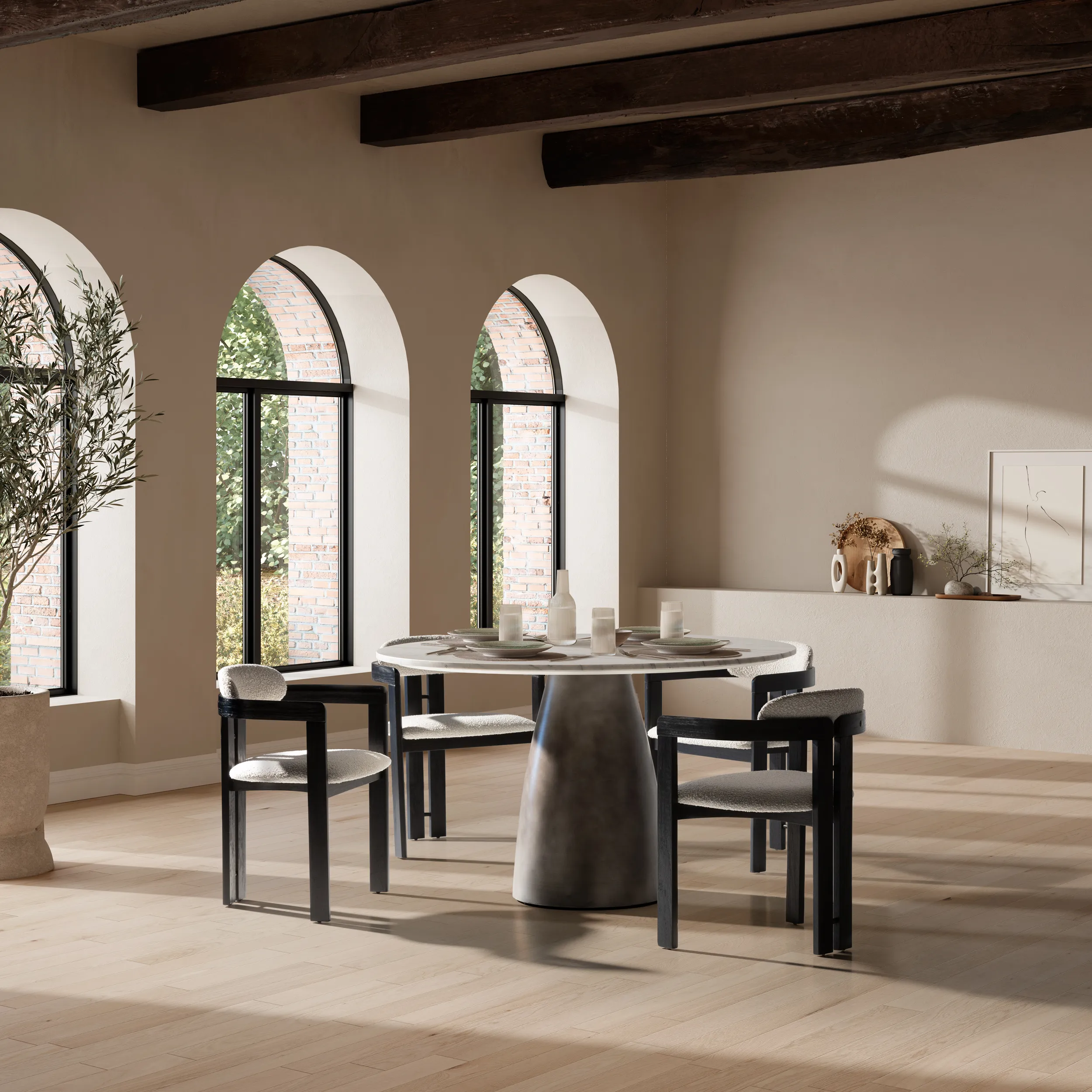 Mesa Amal redonda de comedor con tablero de mármol blanco y base de metal negro