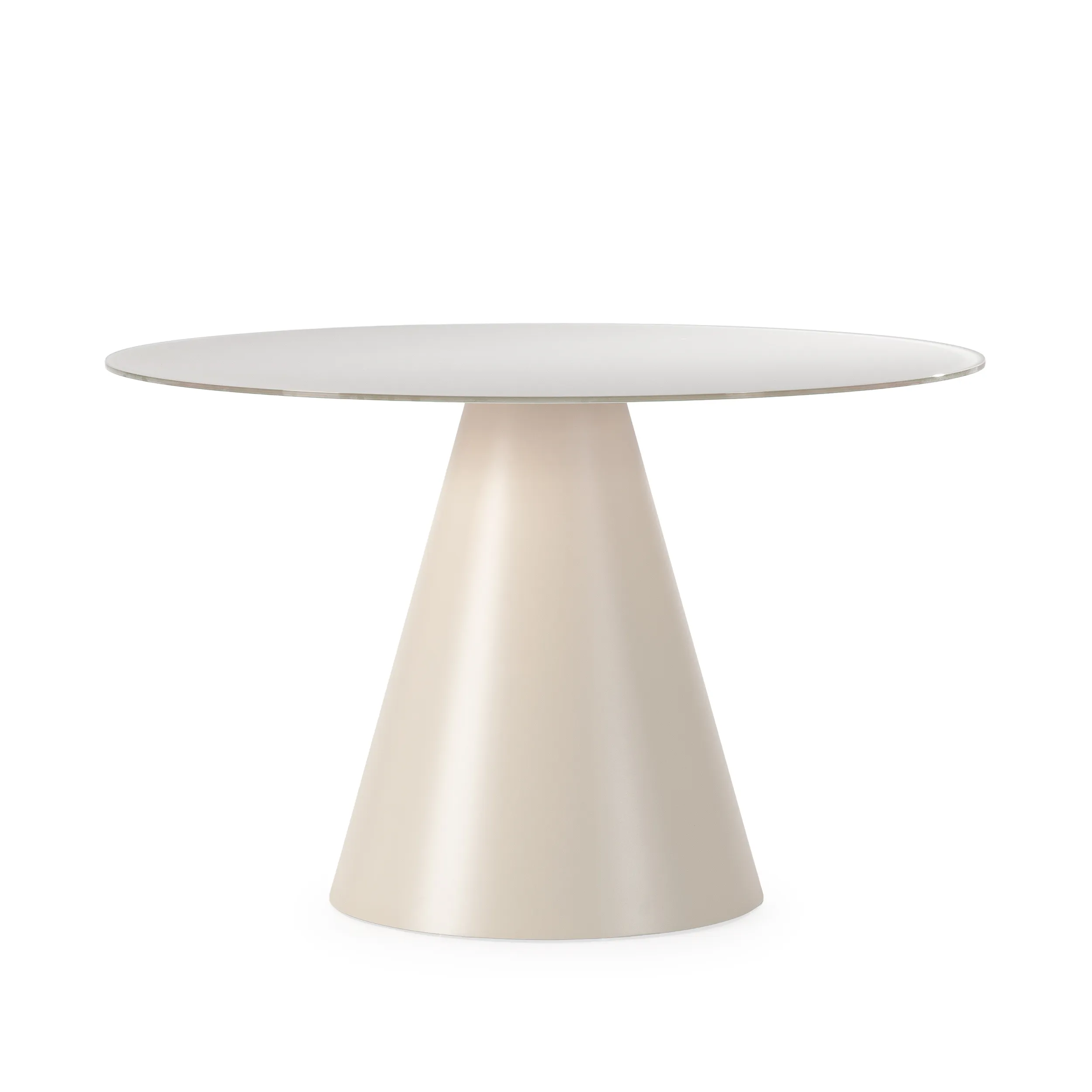 Mesa Vida redonda de comedor en color crema con base central de diseño contemporáneo
