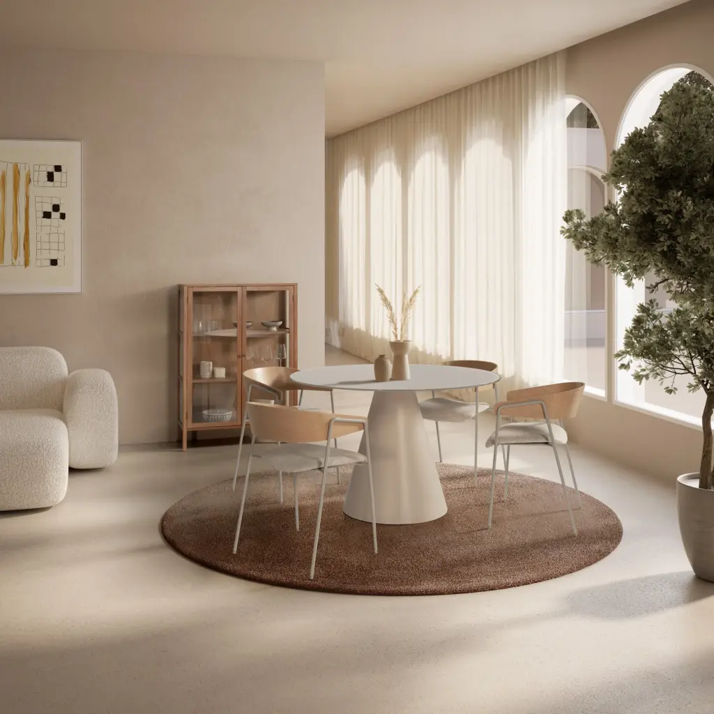 Mesa Vida redonda de comedor en color crema con base central de diseño contemporáneo