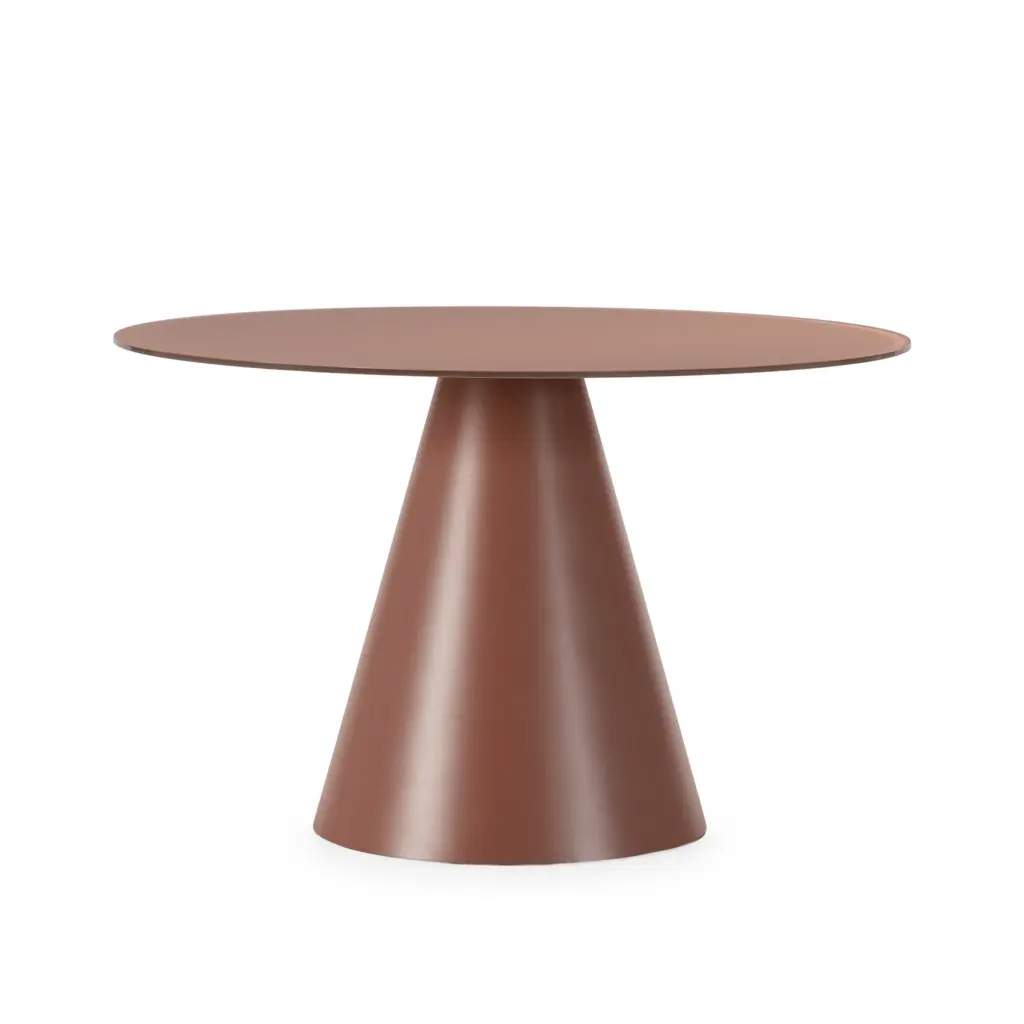 MESA REDONDA VIDA 120CM TERRACOTA PIE TERRACOTA 2_risultato Mesa Vida redonda de comedor en color terracota con base central a juego y diseño contemporáneo