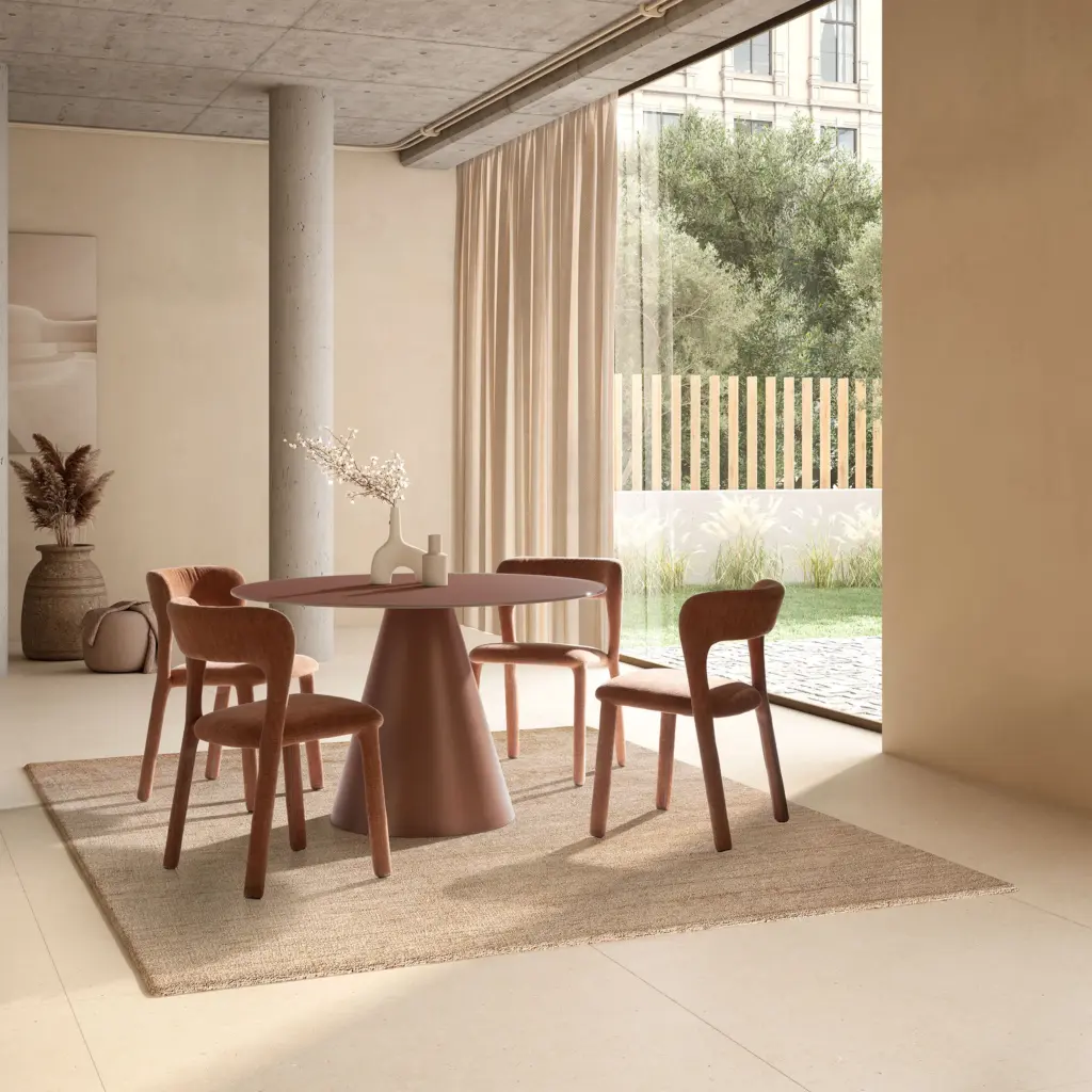 MESA REDONDA VIDA 120CM TERRACOTA PIE TERRACOTA_risultato Mesa Vida redonda de comedor en color terracota con base central a juego y diseño contemporáneo