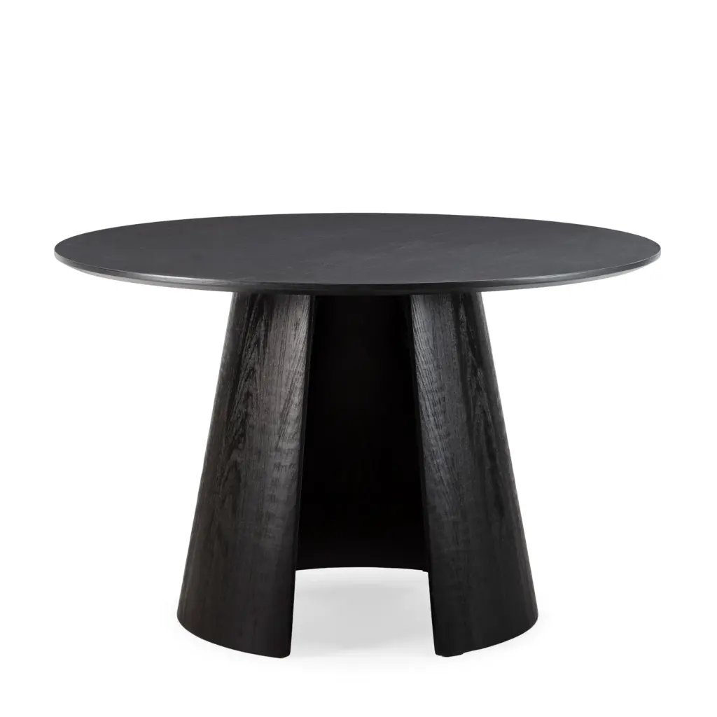 Mesa Zuri redonda de comedor en color negro con base central de diseño contemporáneo
