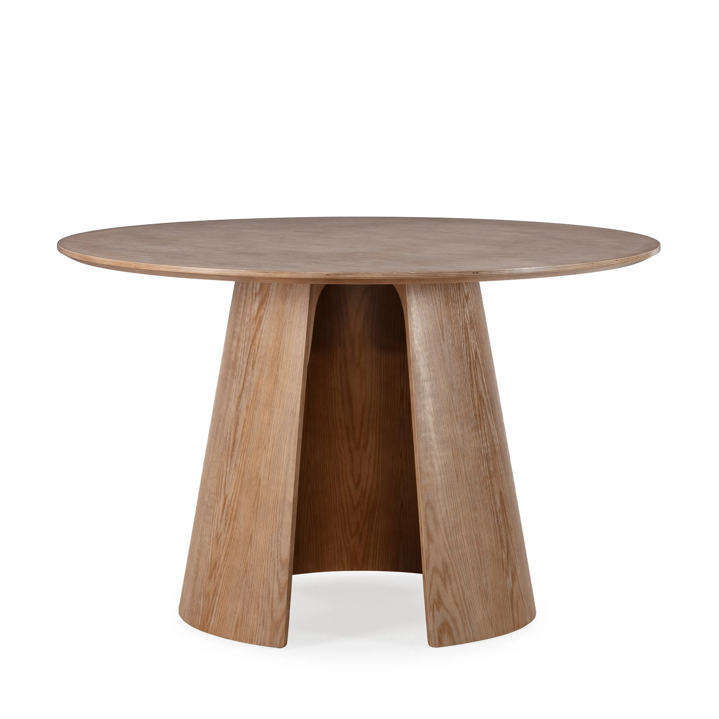 Mesa Zuri redonda de comedor en roble lavado con base central de diseño contemporáneo