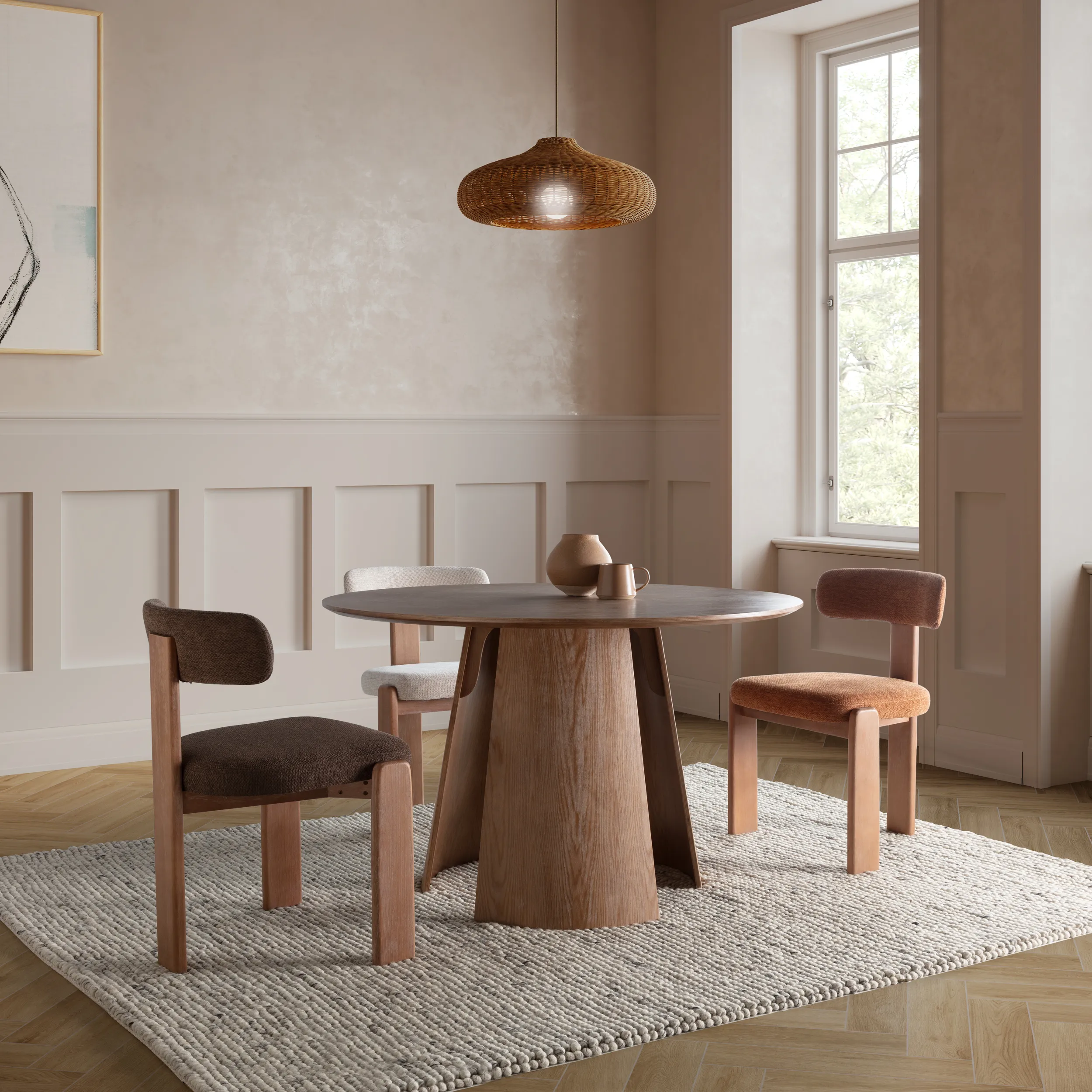 Mesa Zuri redonda de comedor en roble lavado con base central de diseño contemporáneo