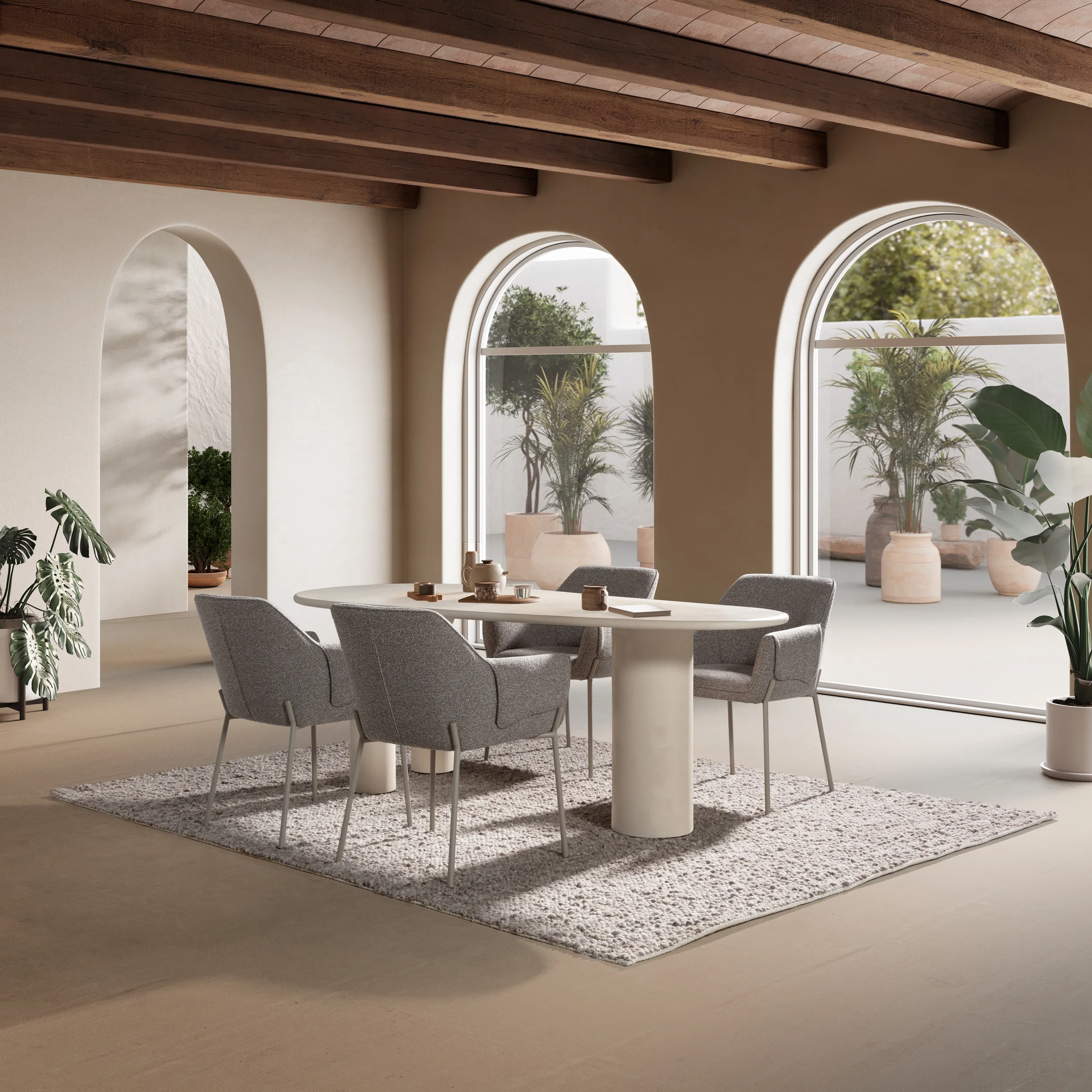 Mesa Daila ovalada en crema efecto cemento con patas cilíndricas y diseño contemporáneo_risultato Mesa Daila ovalada en crema efecto cemento con patas cilíndricas y diseño contemporáneo