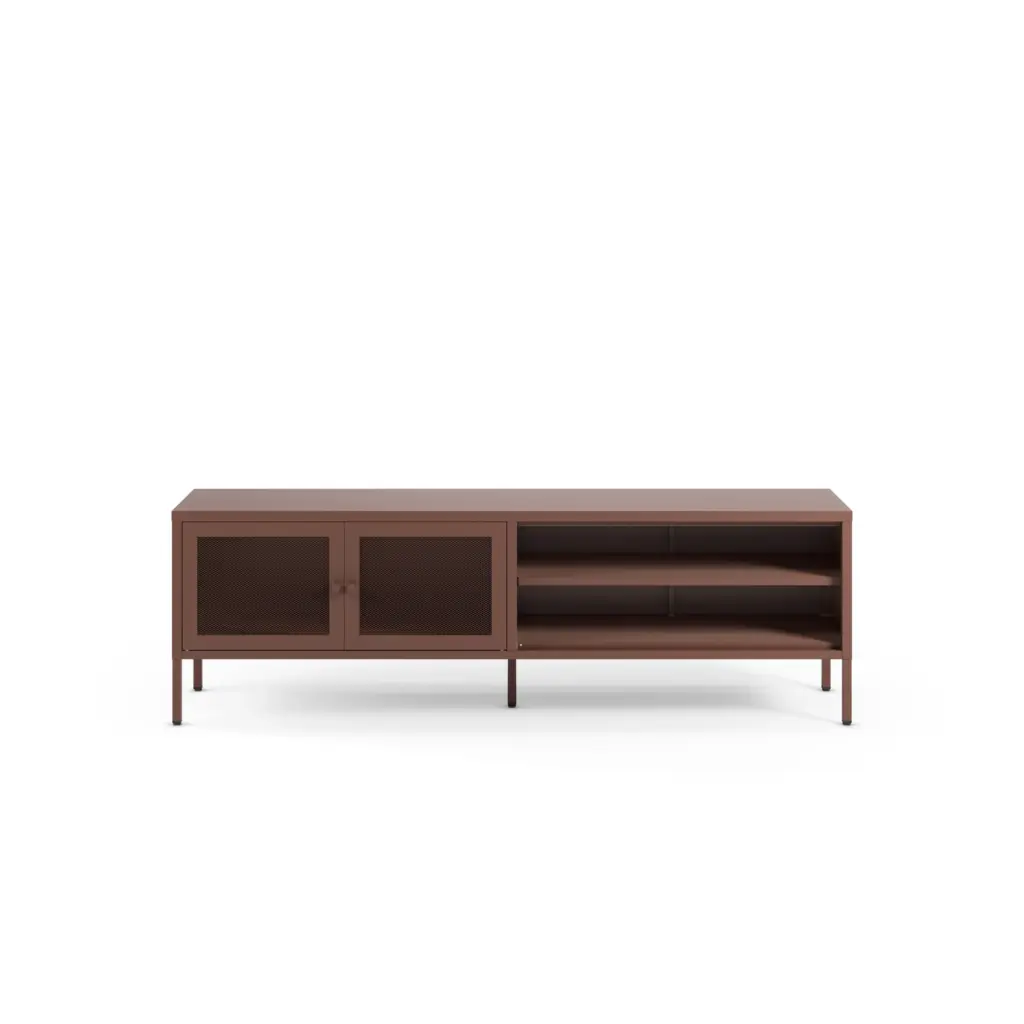 Mueble TV Fayna Burdeos de metal con dos puertas y espacios abiertos