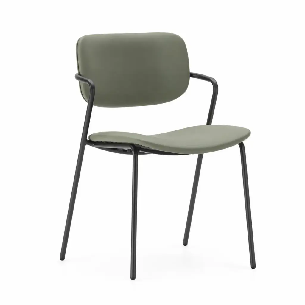 SILLA MAIKA VERDE OLIVA 2P:CAJA Silla Maika Verde Oliva con apoyabrazos y patas de metal para comedor