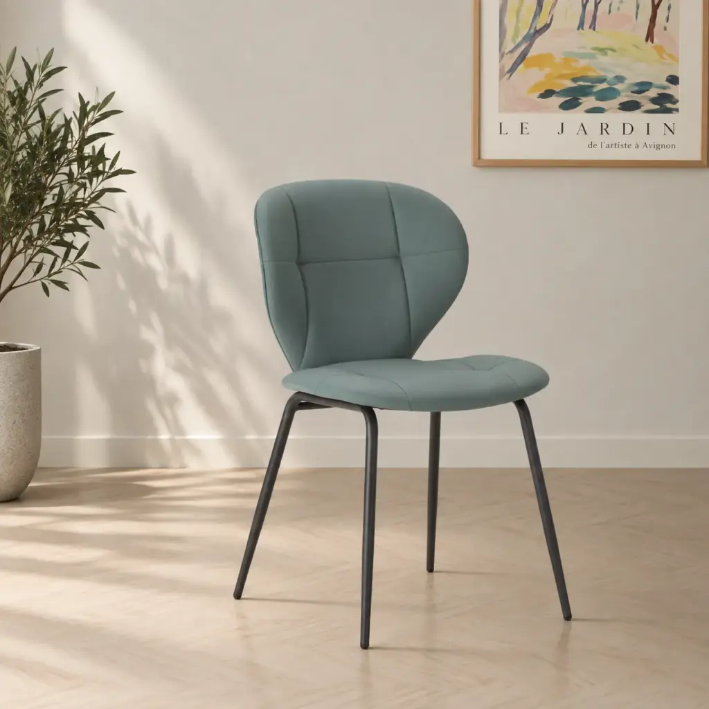 Silla Maura Verde tapizada con respaldo curvado y patas de metal para comedor