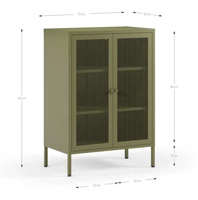 Mueble auxiliar Fayna Verde de metal con dos puertas de cristal