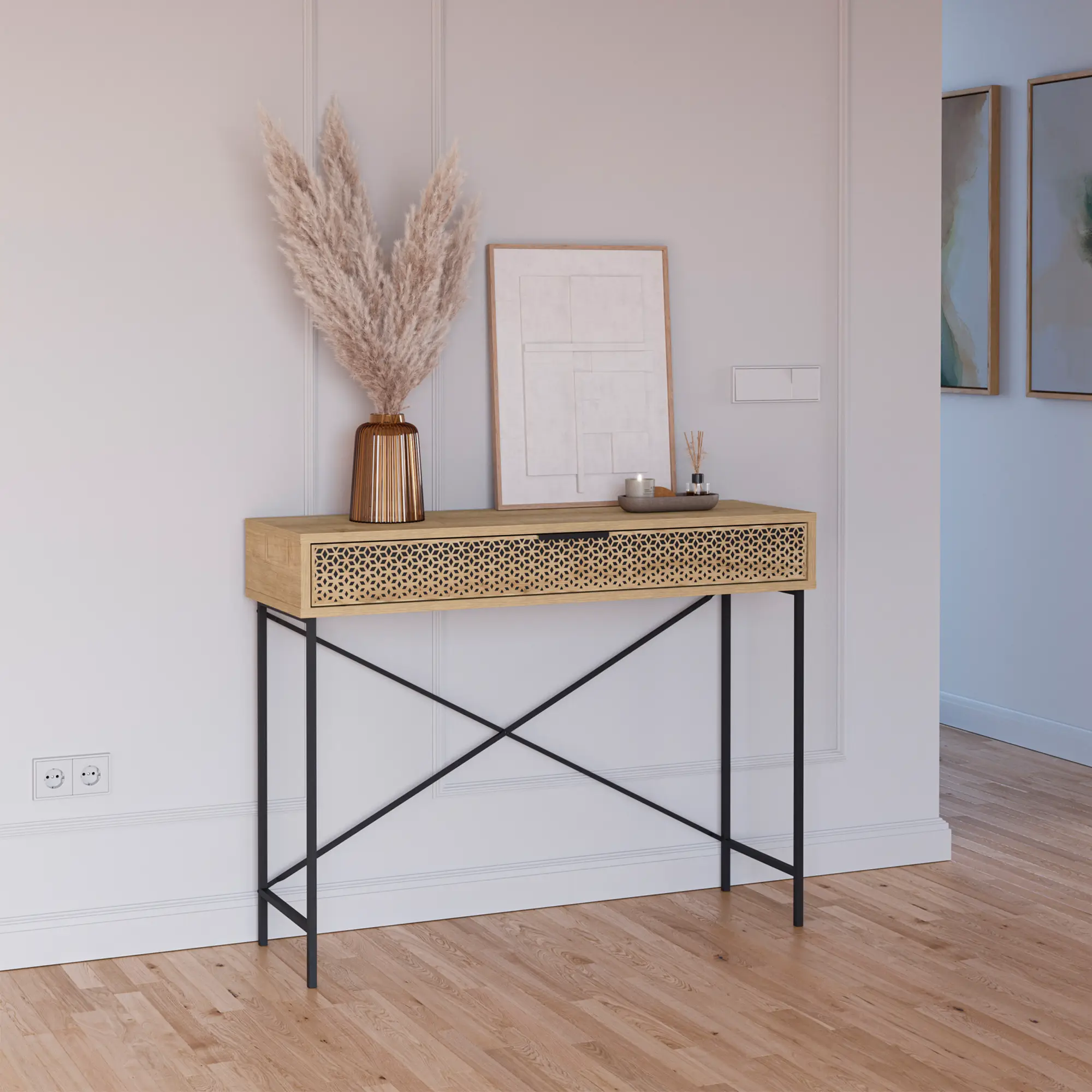 CONSOLA ECRIN 1C ROBLE PATA METAL