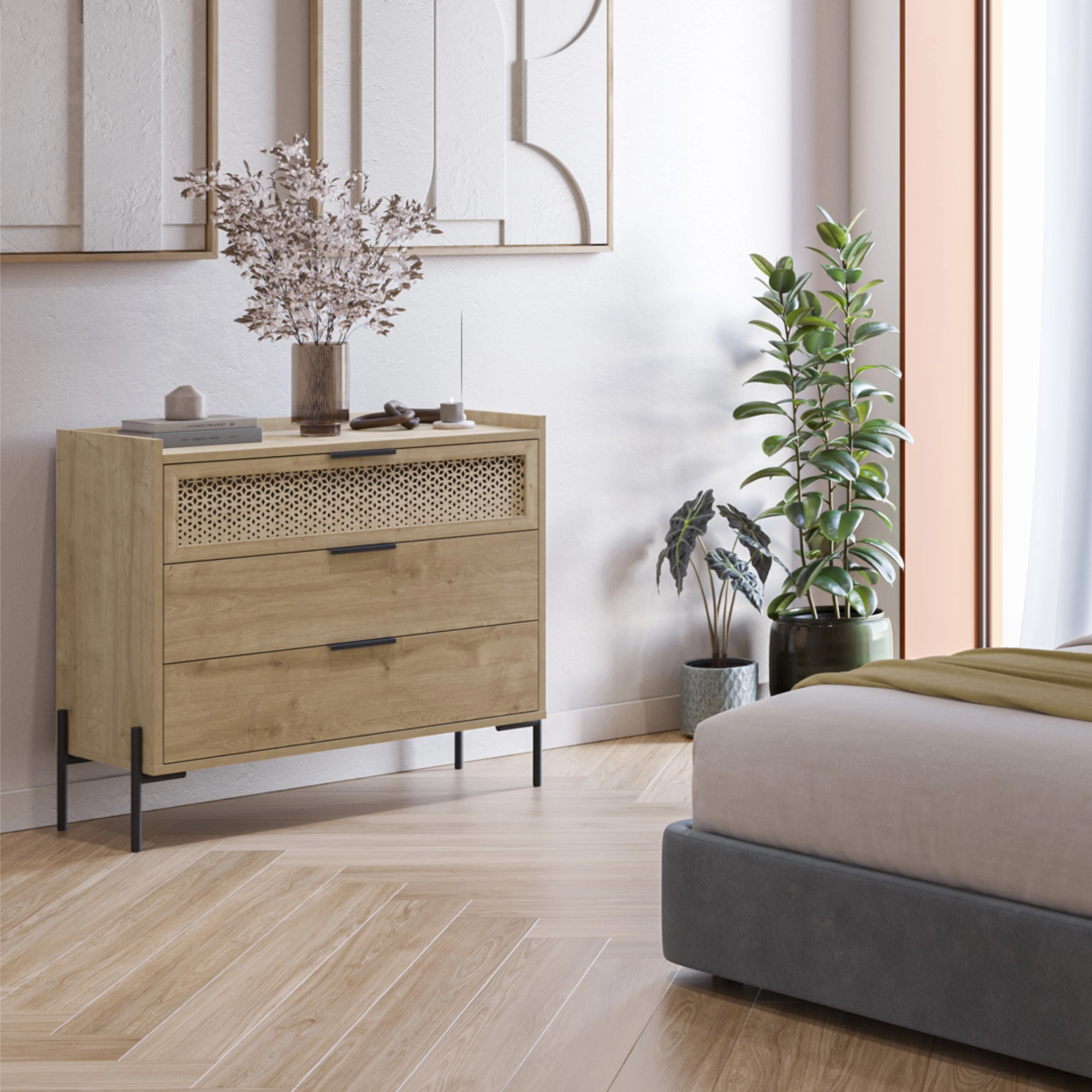 COMODA INCA 3C ROBLE PATA METAL