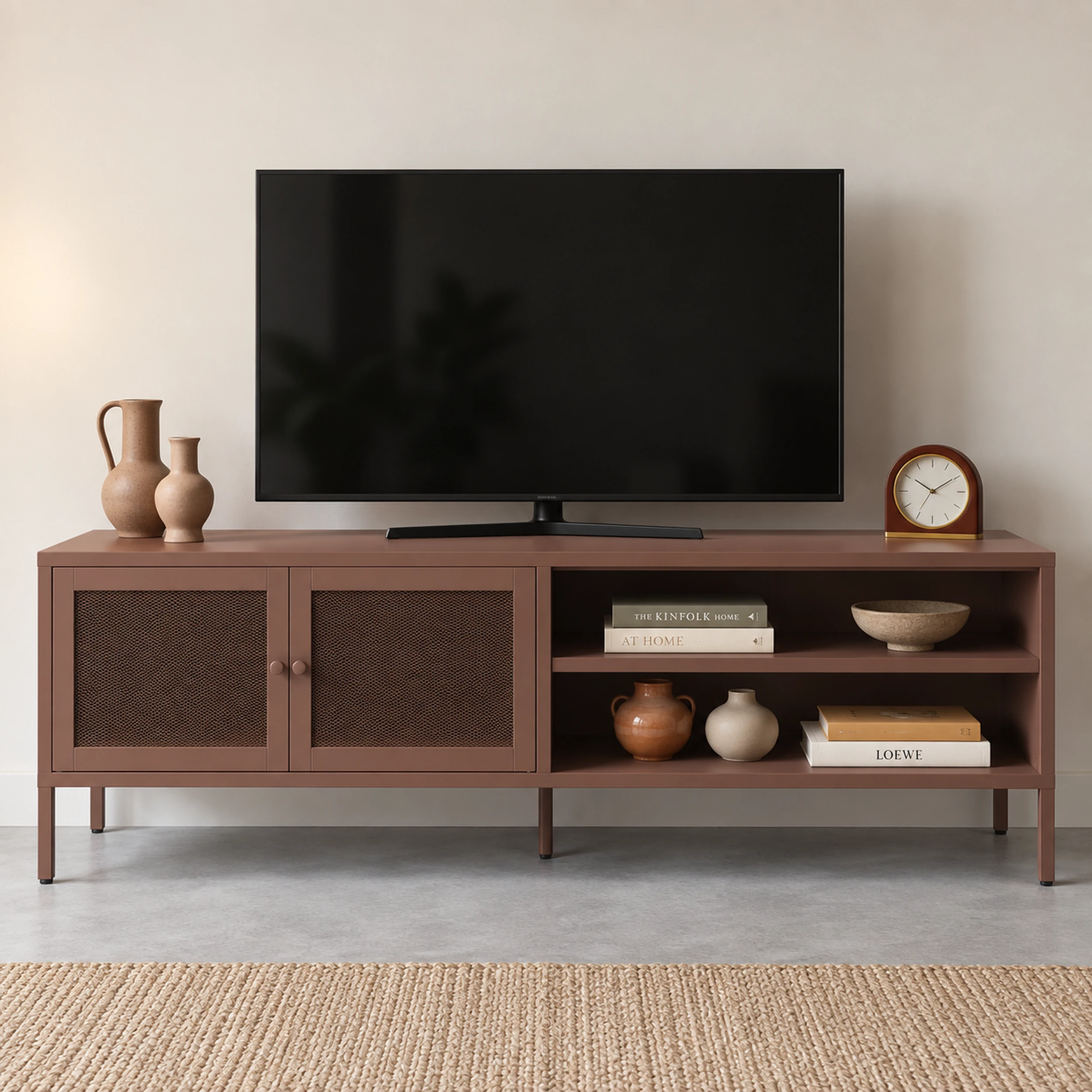 Mueble TV Fayna Burdeos de metal con dos puertas y espacios abiertos