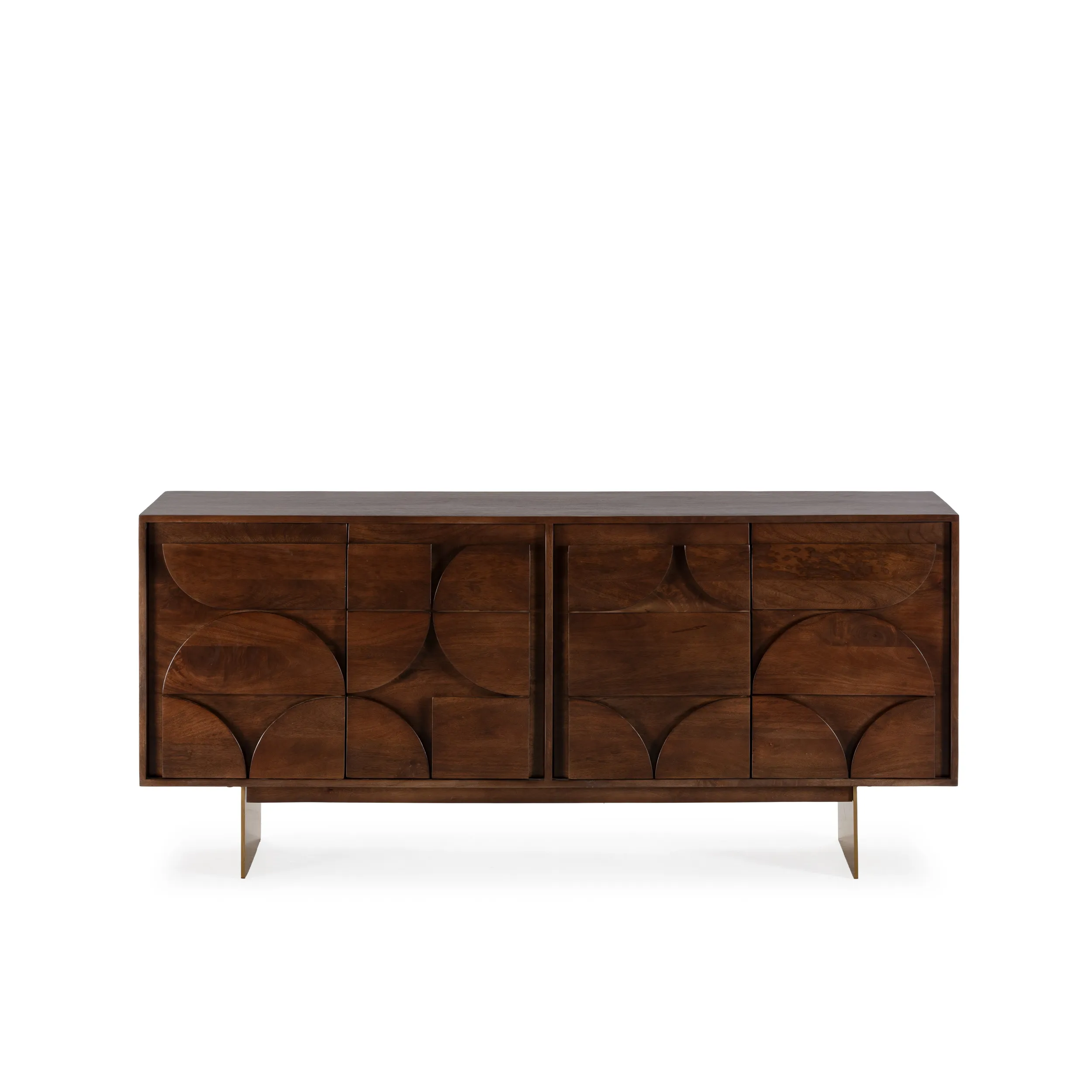 Aparador Trisha de madera de mango en marrón oscuro con cuatro puertas y relieve geométrico