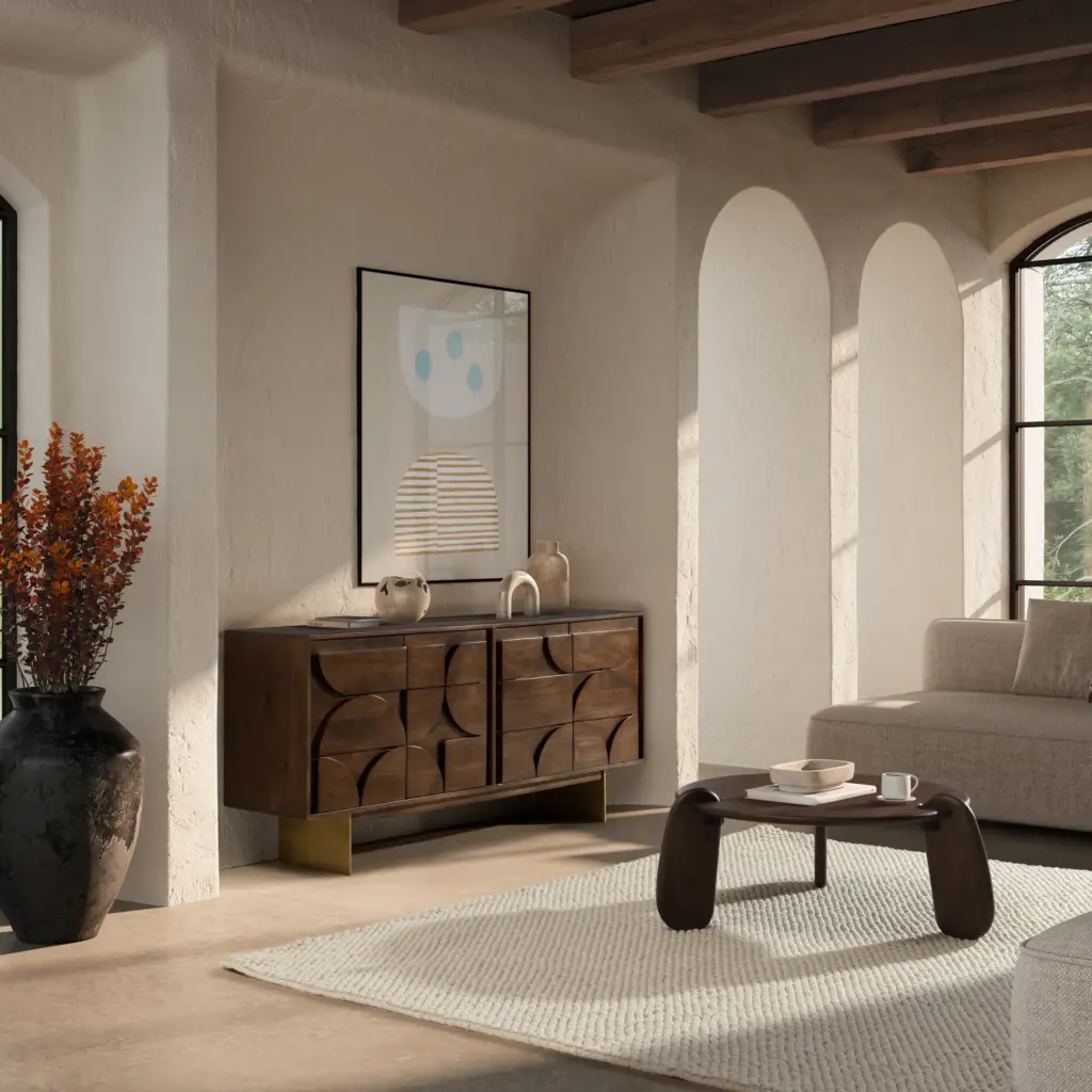 Aparador Trisha de madera de mango en marrón oscuro con cuatro puertas y relieve geométrico