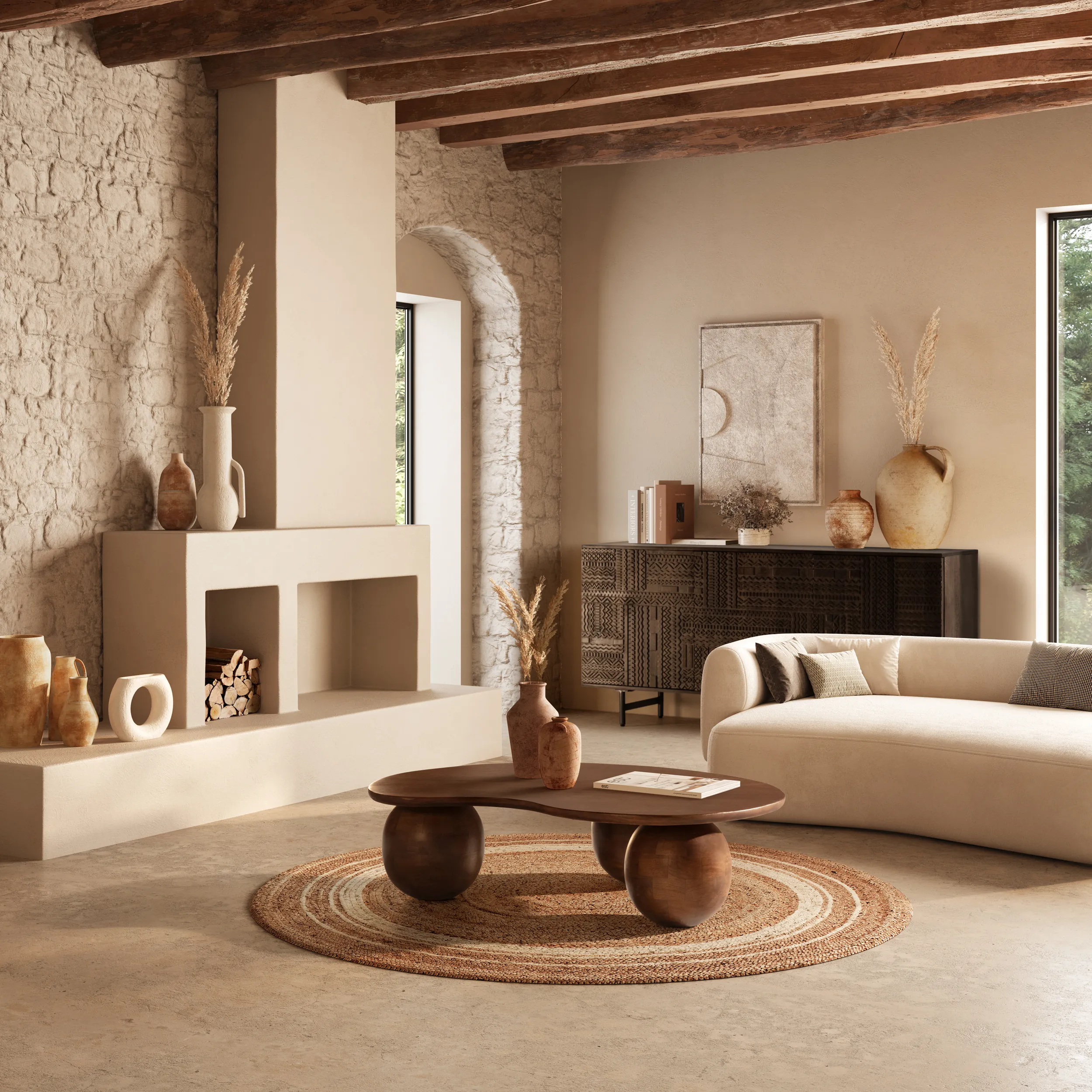 MESA CENTRO ALISHA MARRON_risultato Fabricada en madera maciza de mango, la Mesa de Centro Alisha Marrón destaca por sus formas orgánicas y su acabado cálido. Su diseño escultórico aporta personalidad y elegancia al salón, creando un punto focal alrededor de la zona de descanso.
