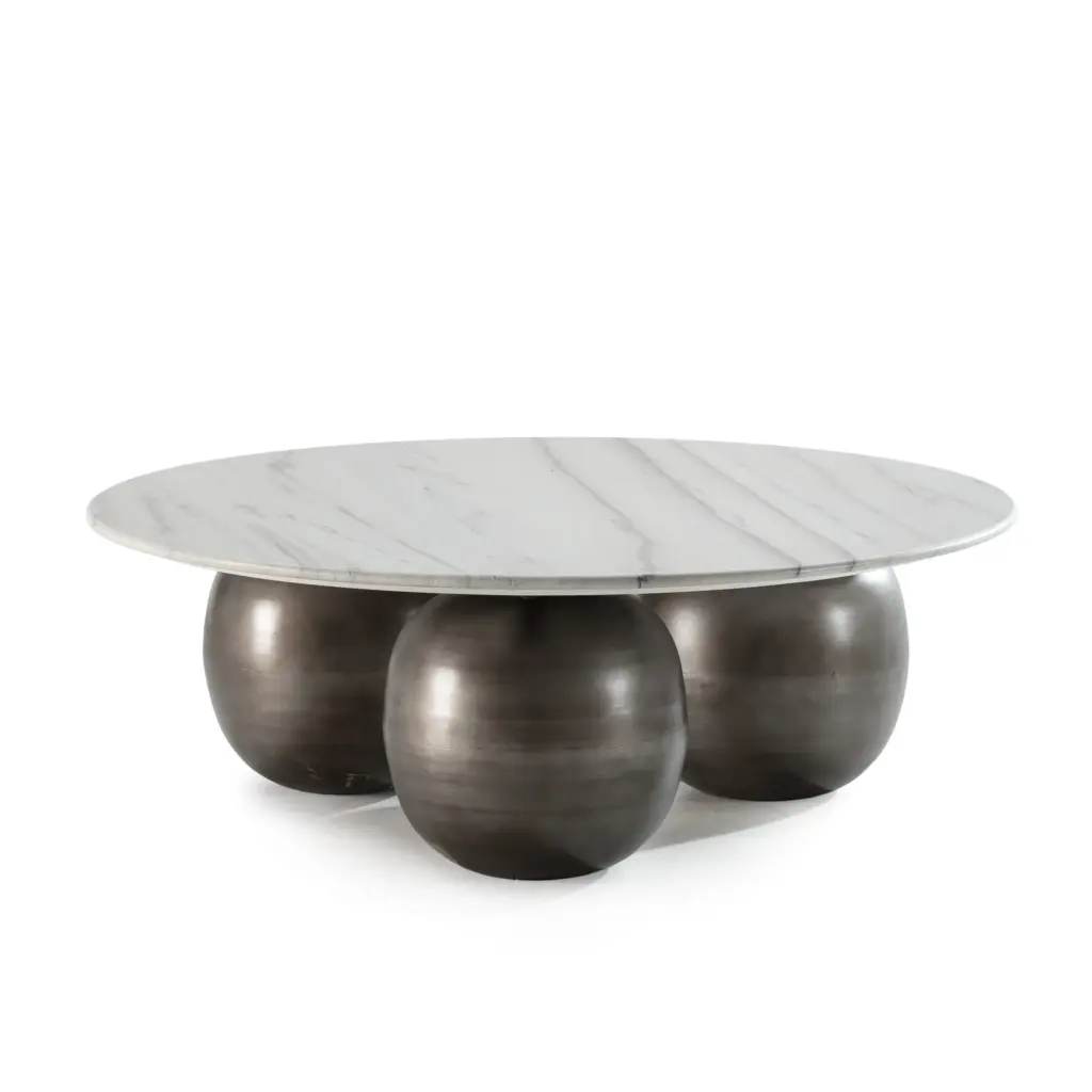 Mesa de centro Tanya redonda con acabado mármol blanco y base curva para salón moderno