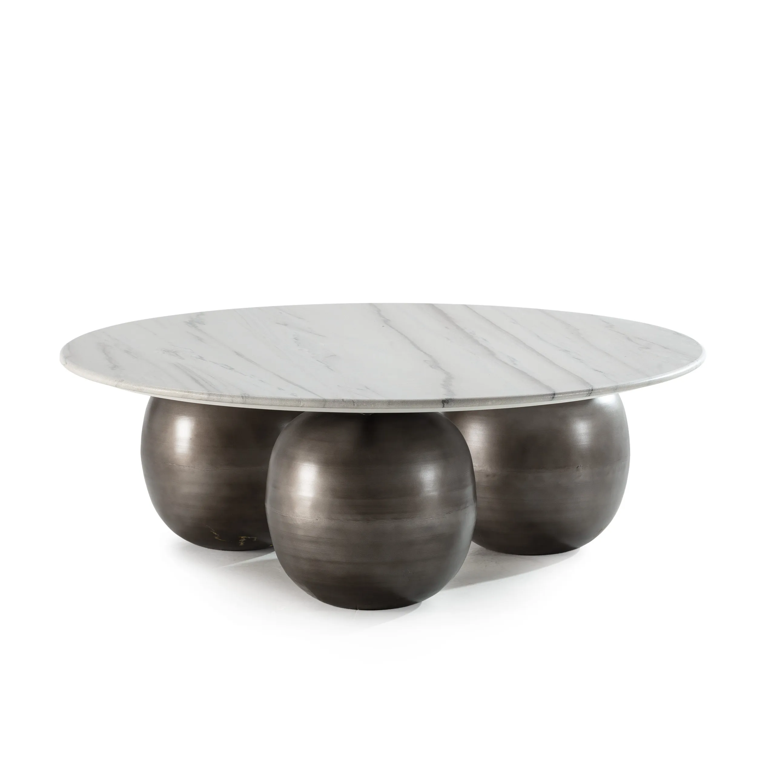 Mesa de centro Tanya redonda con acabado mármol blanco y base curva para salón moderno