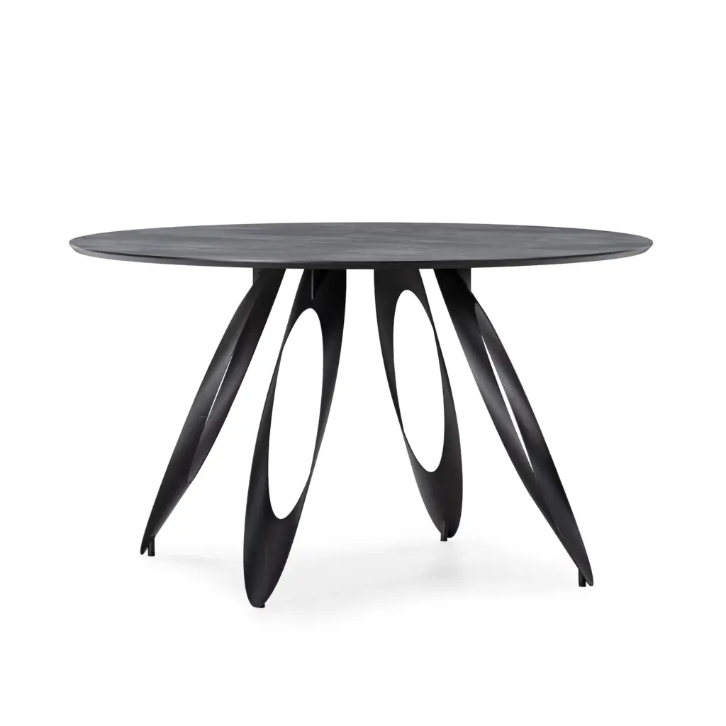 MESA REDONDA ANORA 130CM CEMENTO PATA METAL _risultato Mesa Anora redonda de comedor con acabado efecto cemento y estructura de metal negra