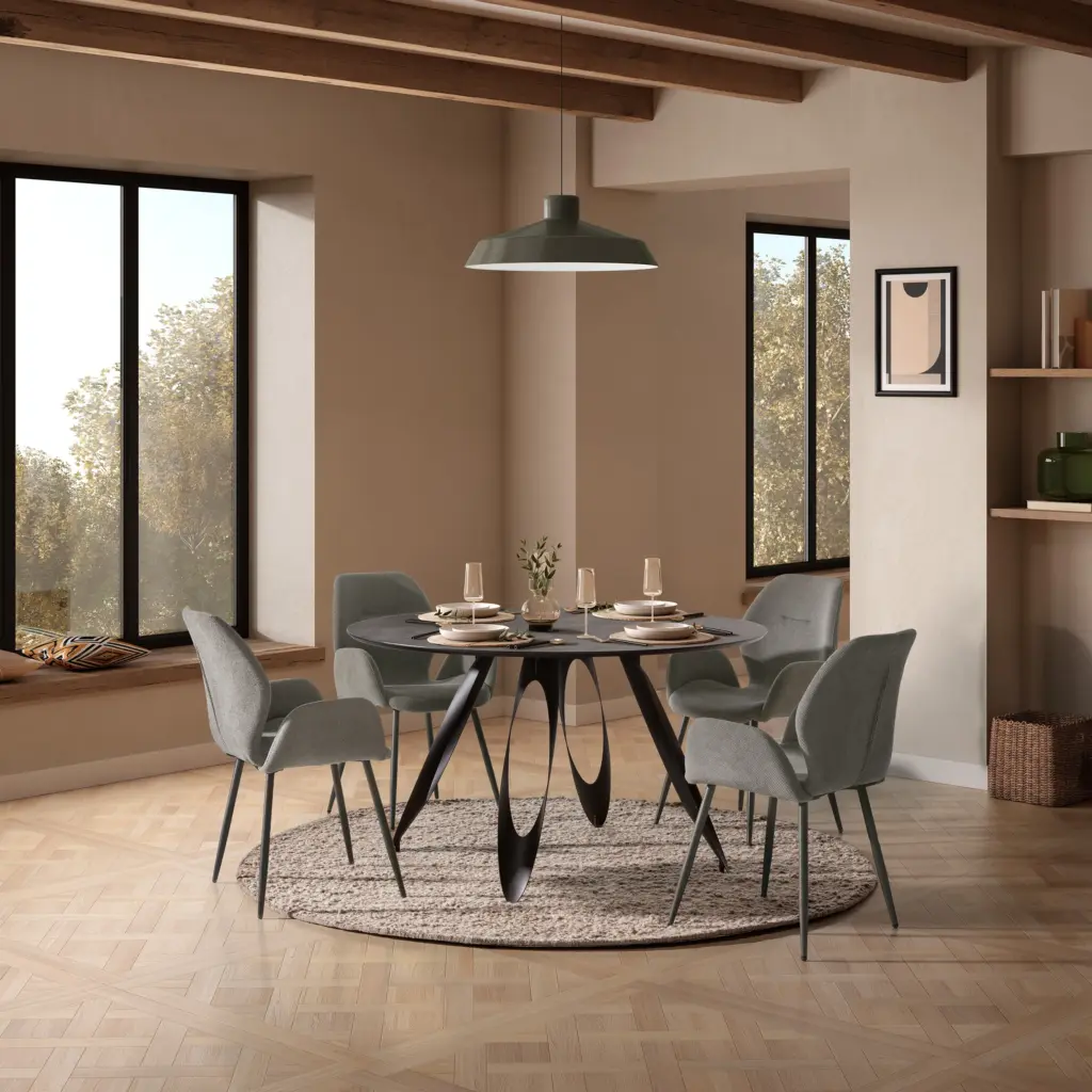 MESA REDONDA ANORA 130CM CEMENTO PATA METAL _risultato Mesa Anora redonda de comedor con acabado efecto cemento y estructura de metal negra