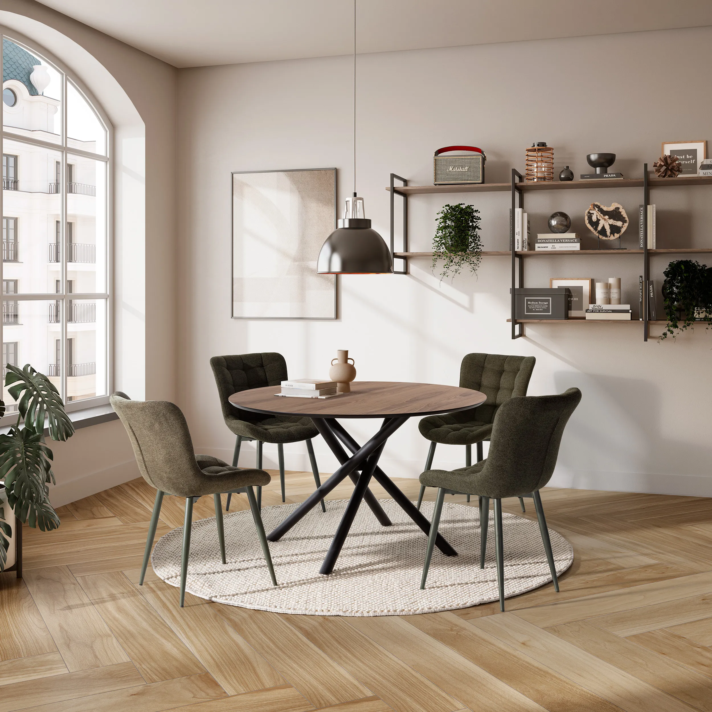 Mesa Briana redonda de comedor en acabado Roble-UD con estructura de metal negra