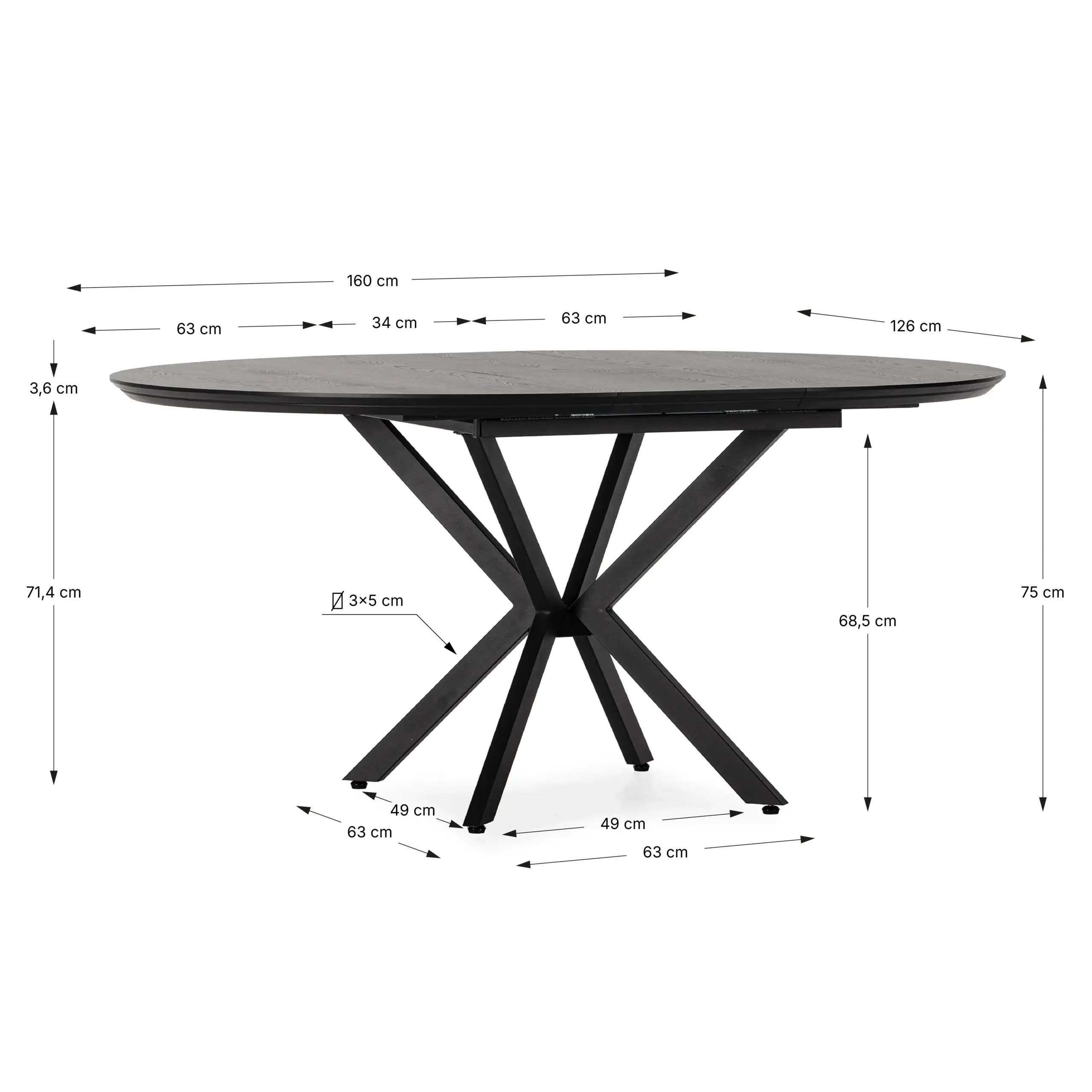 Mesa Naira redonda extensible de comedor en color negro con patas de metal de diseño geométrico
