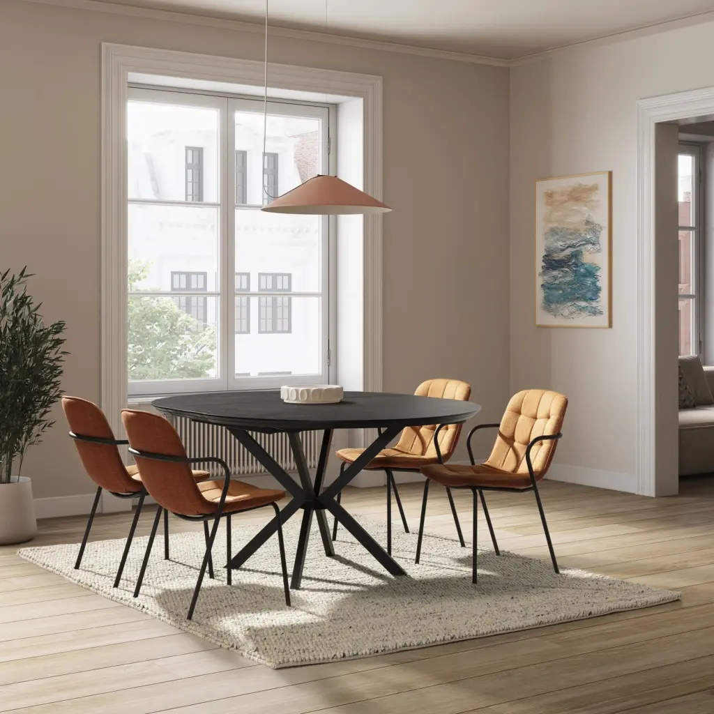 MESA REDONDA EXT. NAIRA 126-160 NEGRO PATA METAL_risultato Mesa Naira redonda extensible de comedor en color negro con patas de metal de diseño geométrico