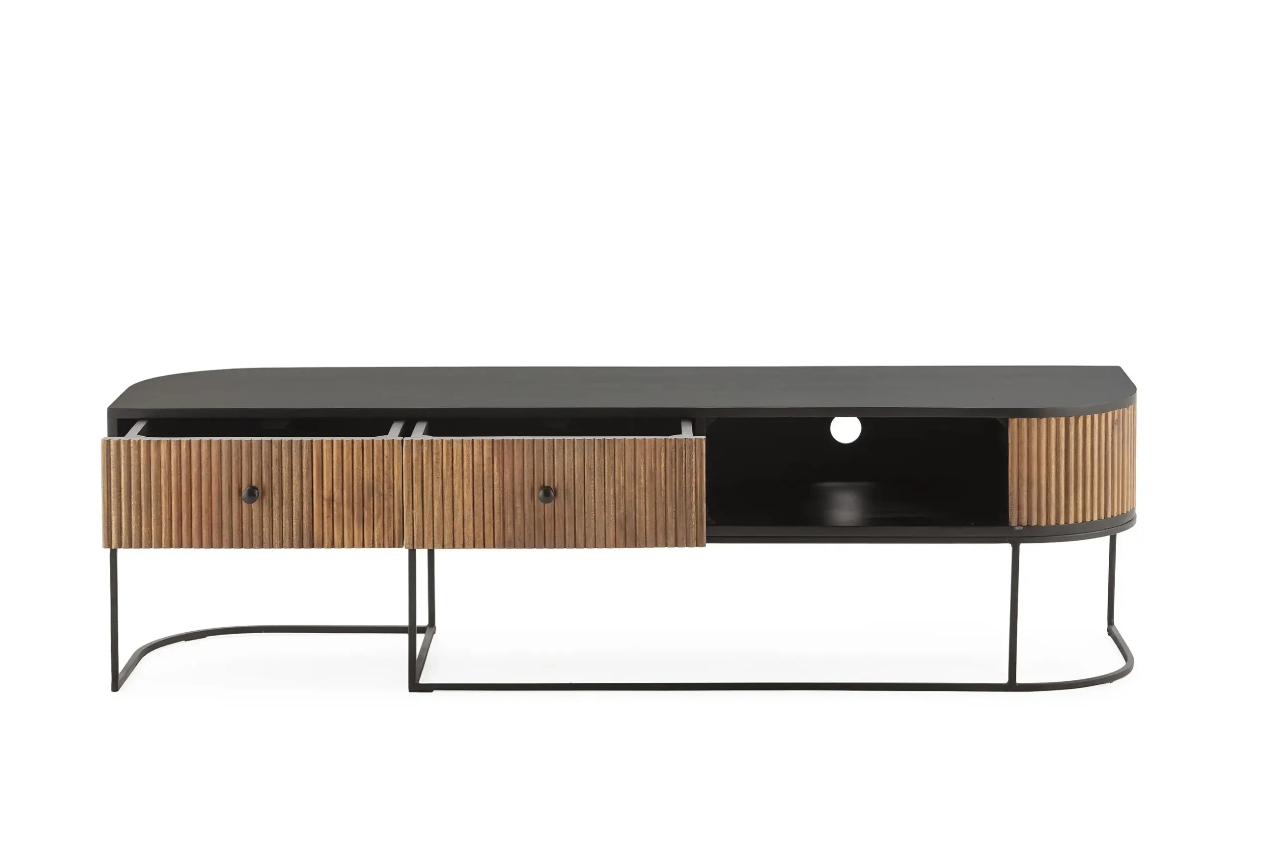 Mueble TV Curve de madera de mango con dos cajones, hueco abierto y patas de metal negro