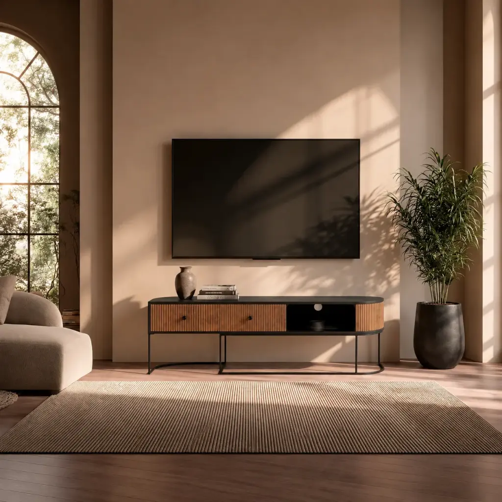 Mueble TV Curve de madera de mango con dos cajones, hueco abierto y patas de metal negro