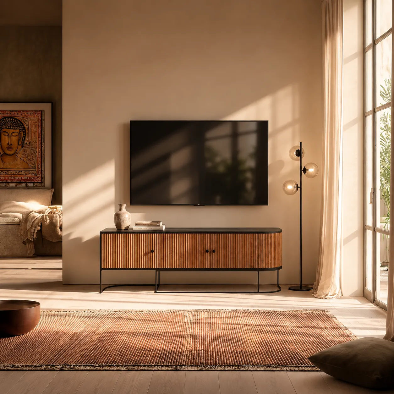 Mueble TV Curve de madera de mango con tres puertas, laterales curvados y patas de metal negro