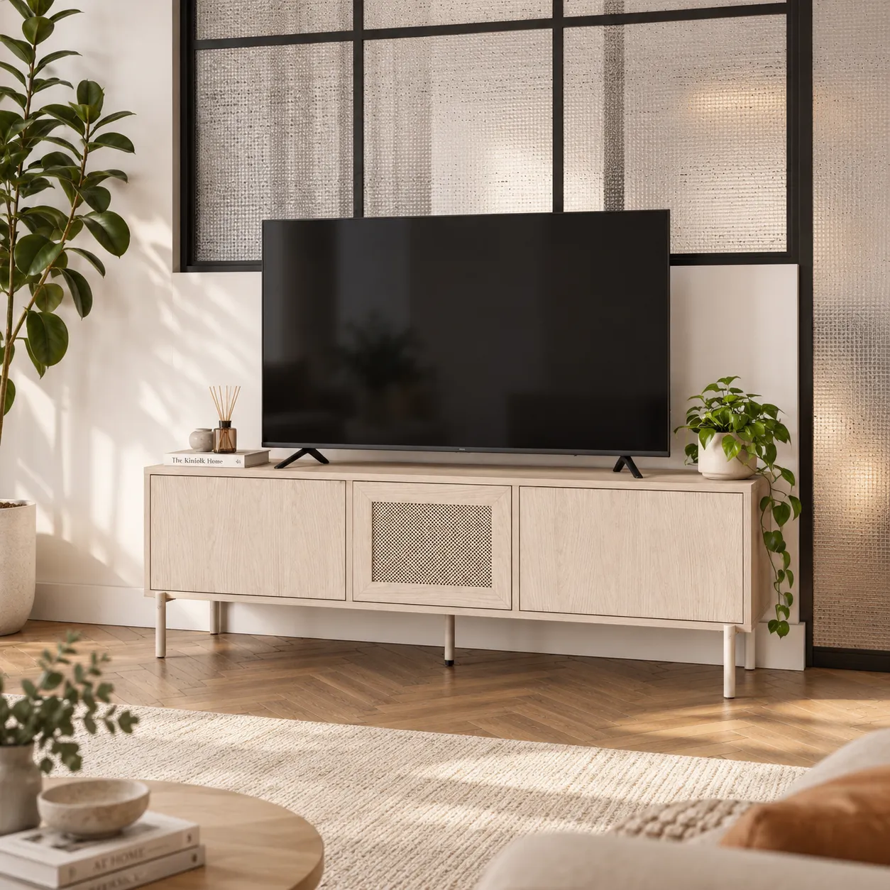 Mueble TV Inti Pusula de melamina con tres puertas y patas metálicas